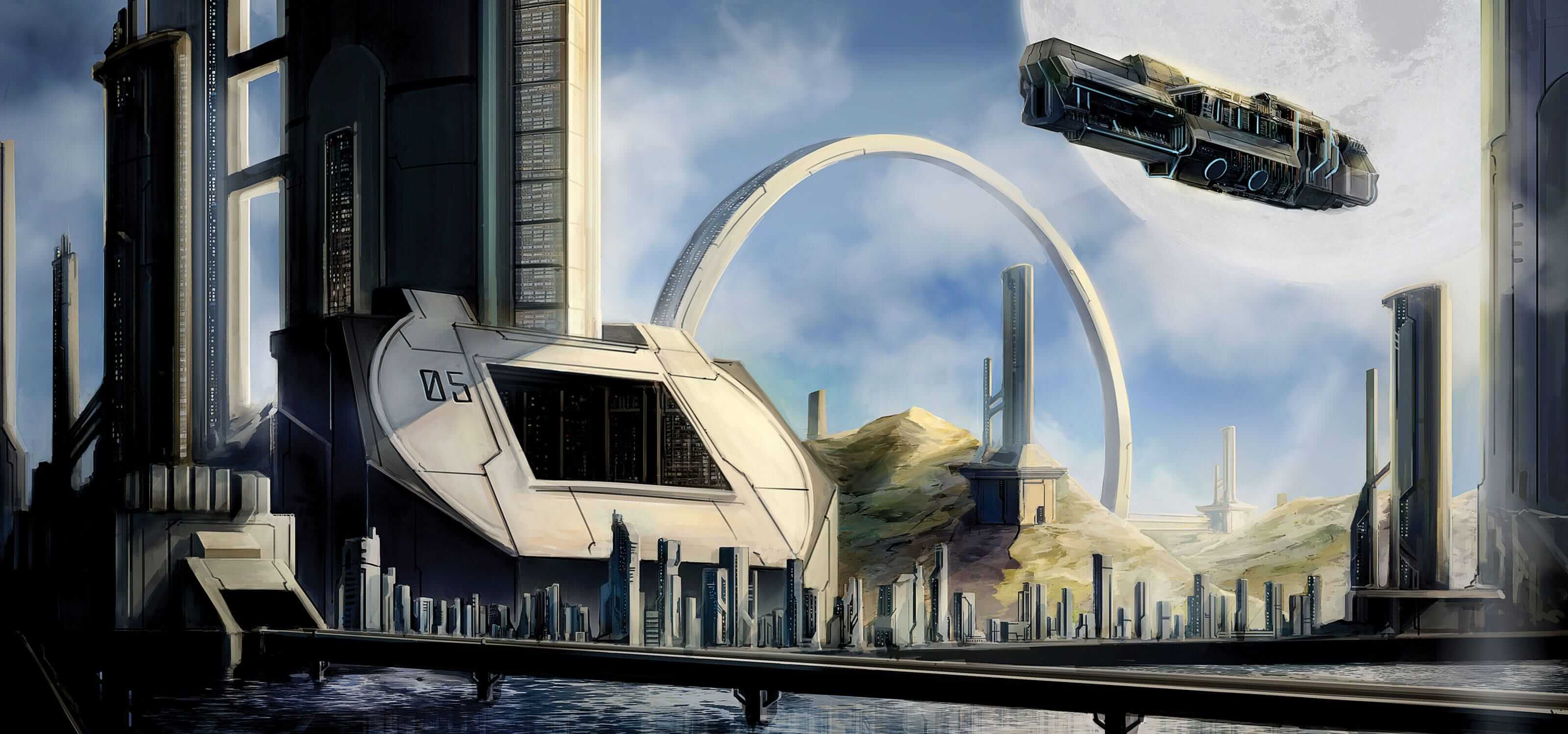 Digital painting of a futuristic city landscape with a large transport spaceship flying over the harbor