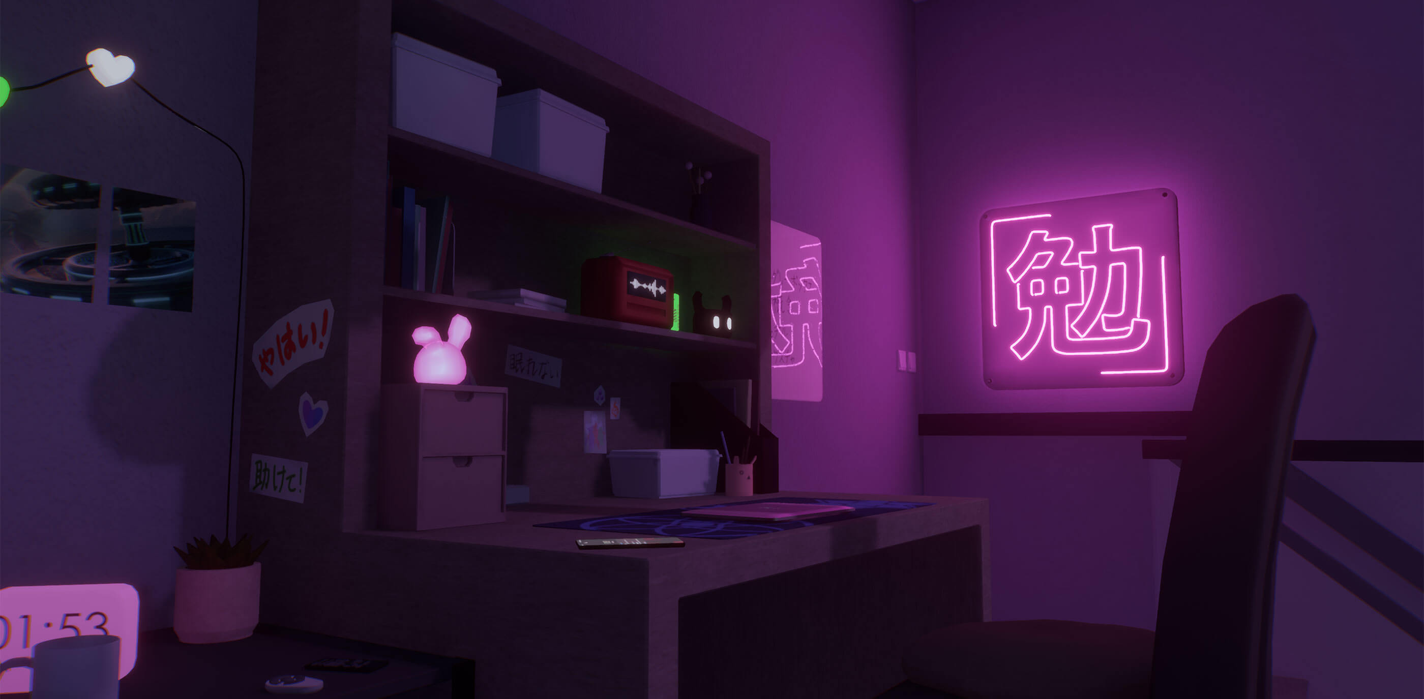 3D scene with a desk illuminated by a neon sign in the shape of a Japanese kanji.