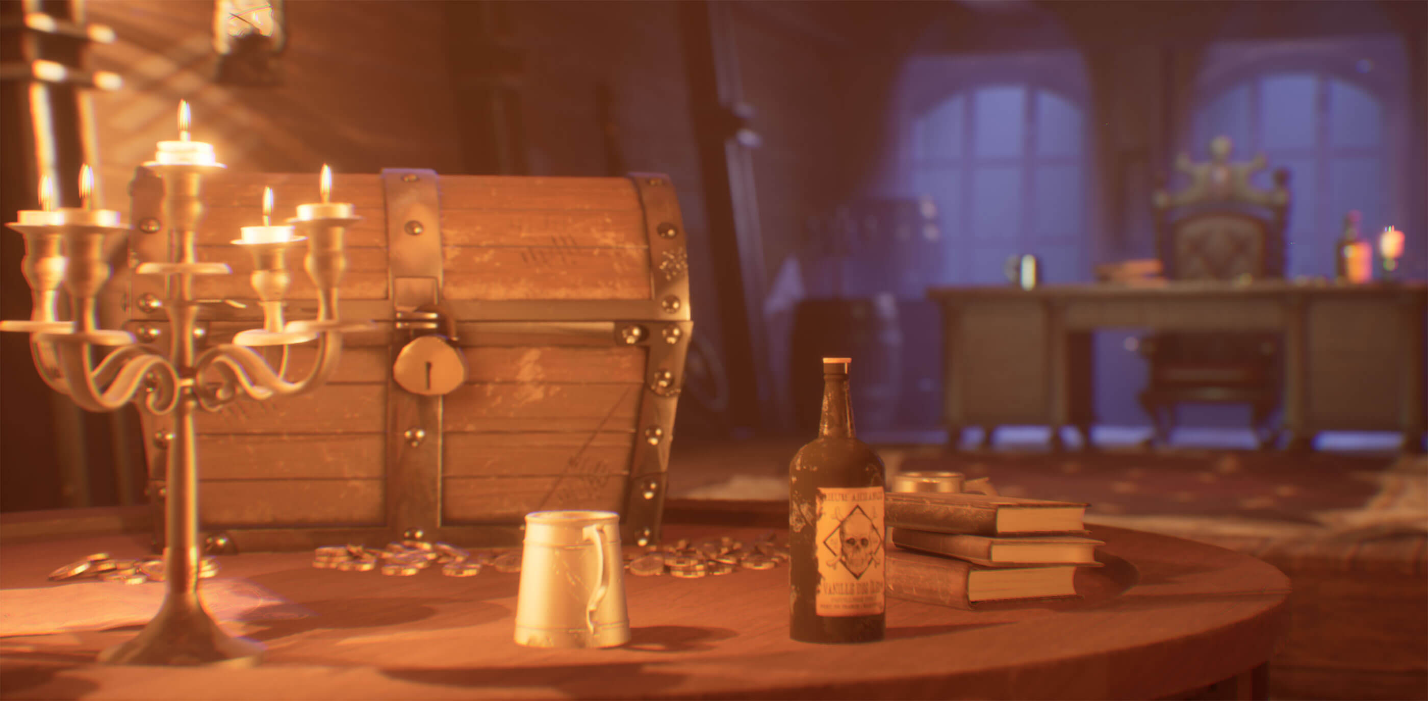 Brightly lit 3D scene of a pirates inner chambers depicting a treasure chest on a table.