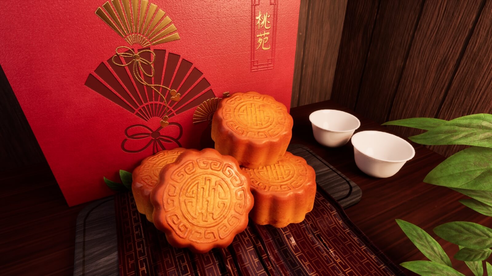 3D rendition of orange mooncakes and cups in front of a red box.