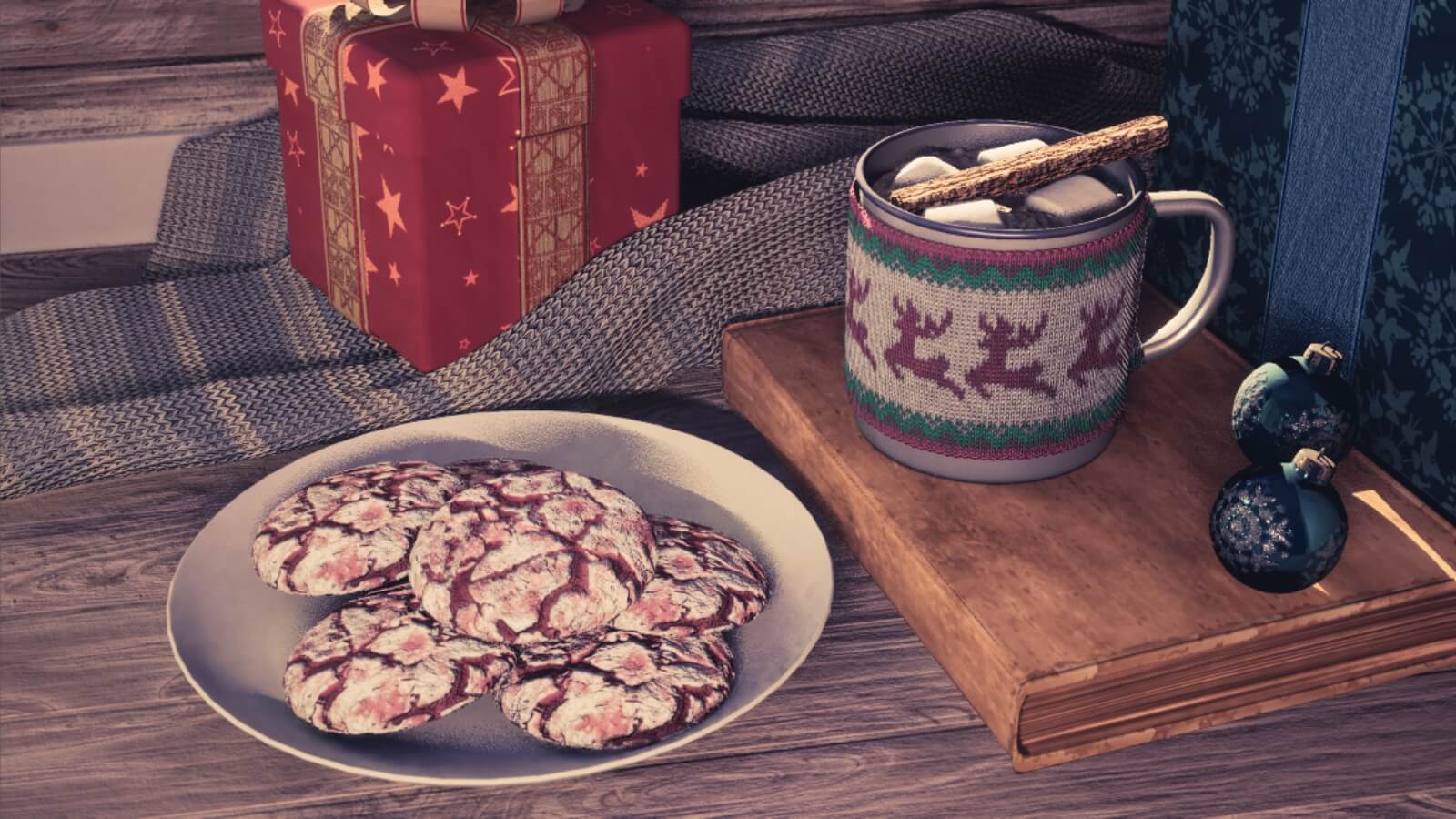 A close up of cookies and a mug of hot cocoa.