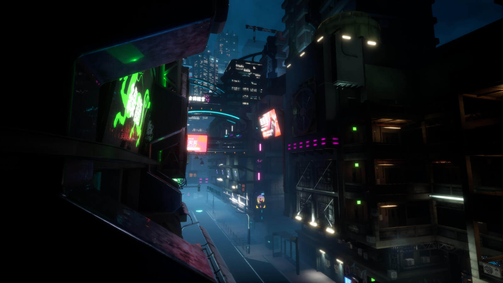 Futuristic city street at night