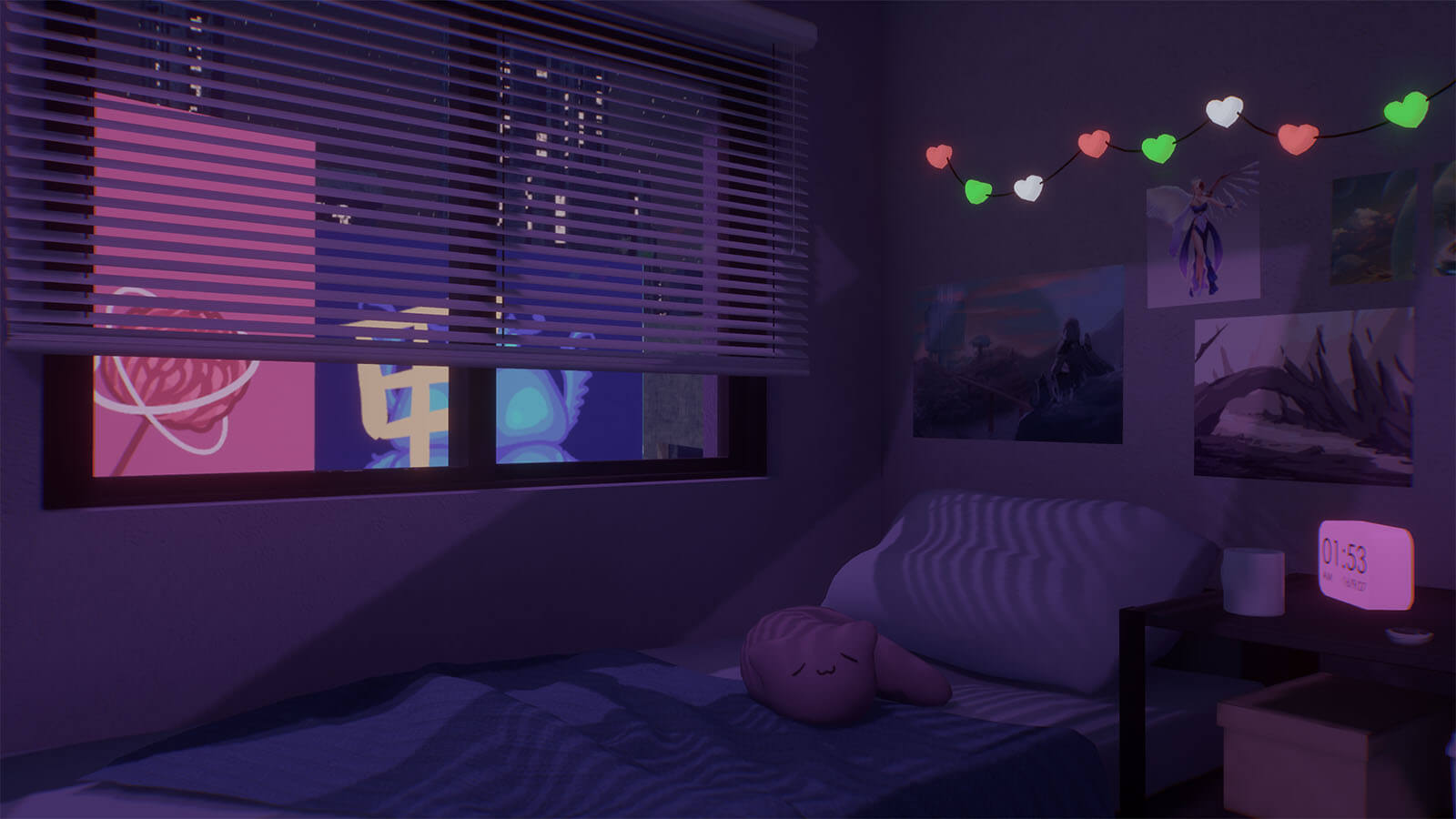 3D rendered view of a low-lit bedroom and cityscape outside.