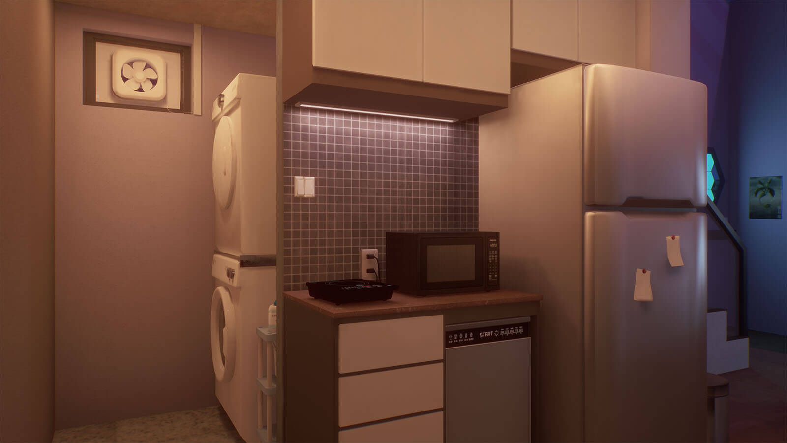 3D rendered view of a small kitchen and nearby washer and dryer.