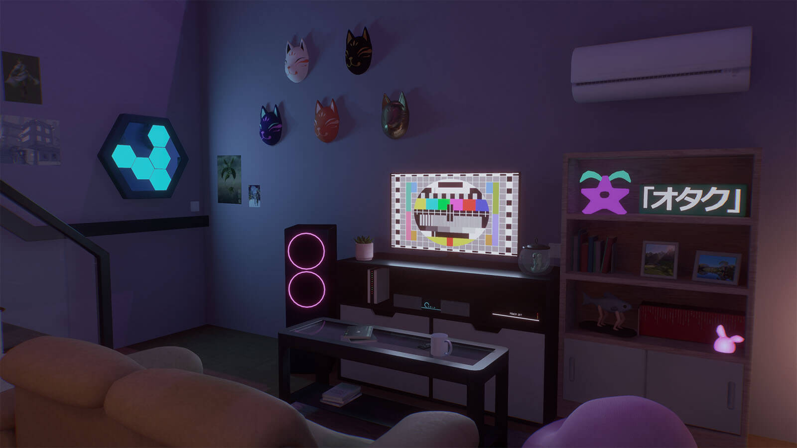 3D view of a small living room and illuminated television.