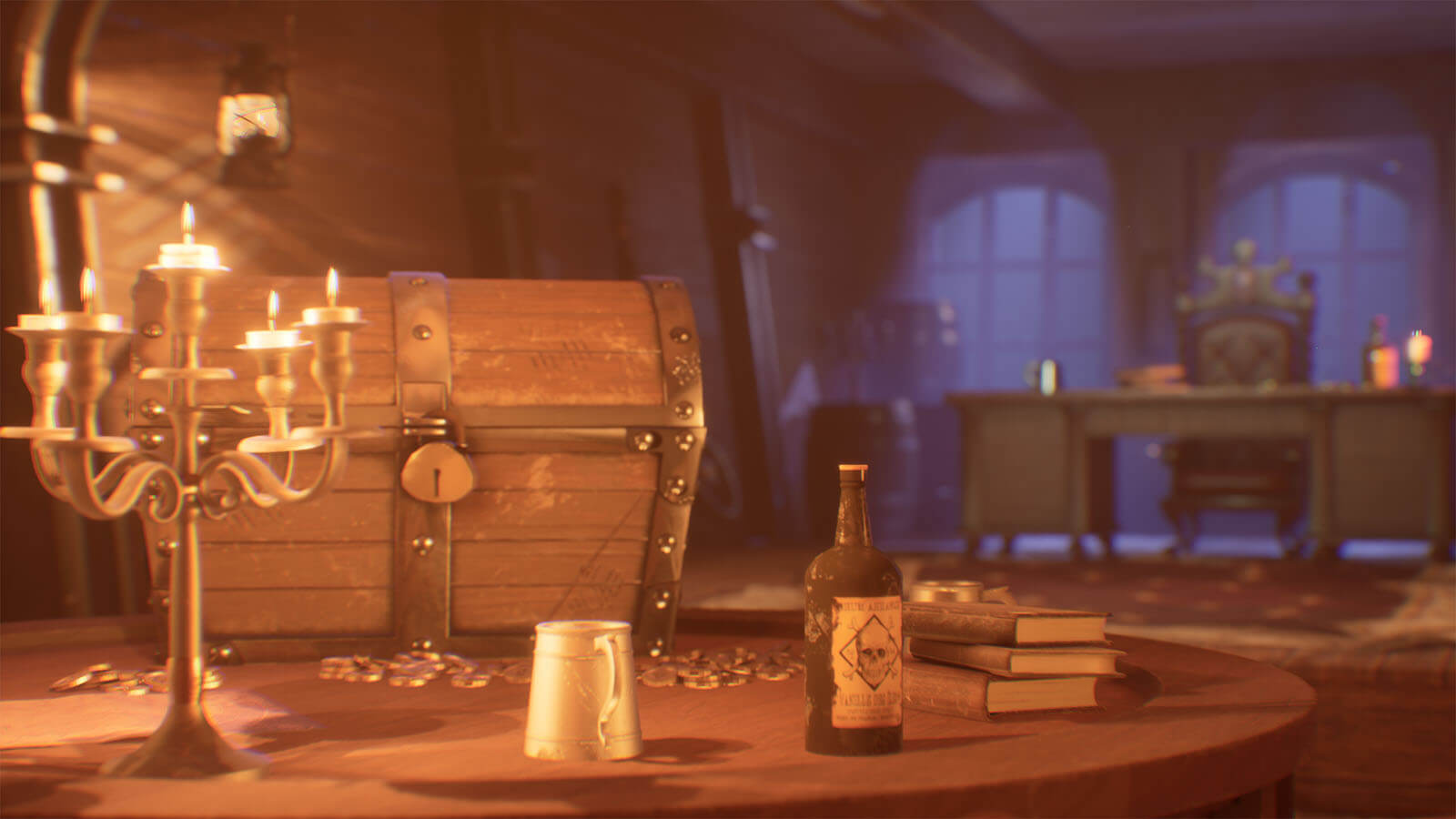Brightly lit 3D scene of a pirate's inner chambers depicting a treasure chest on a table.