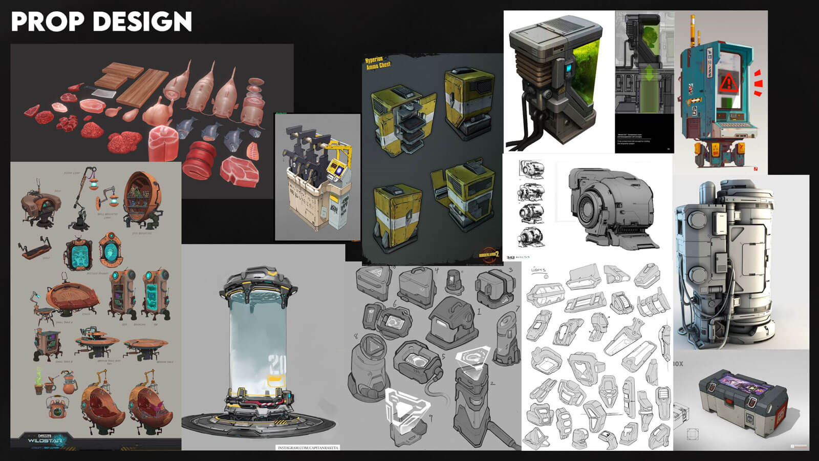 A collage of images displaying both 3D objects in the scene as well as concept drawings of the props