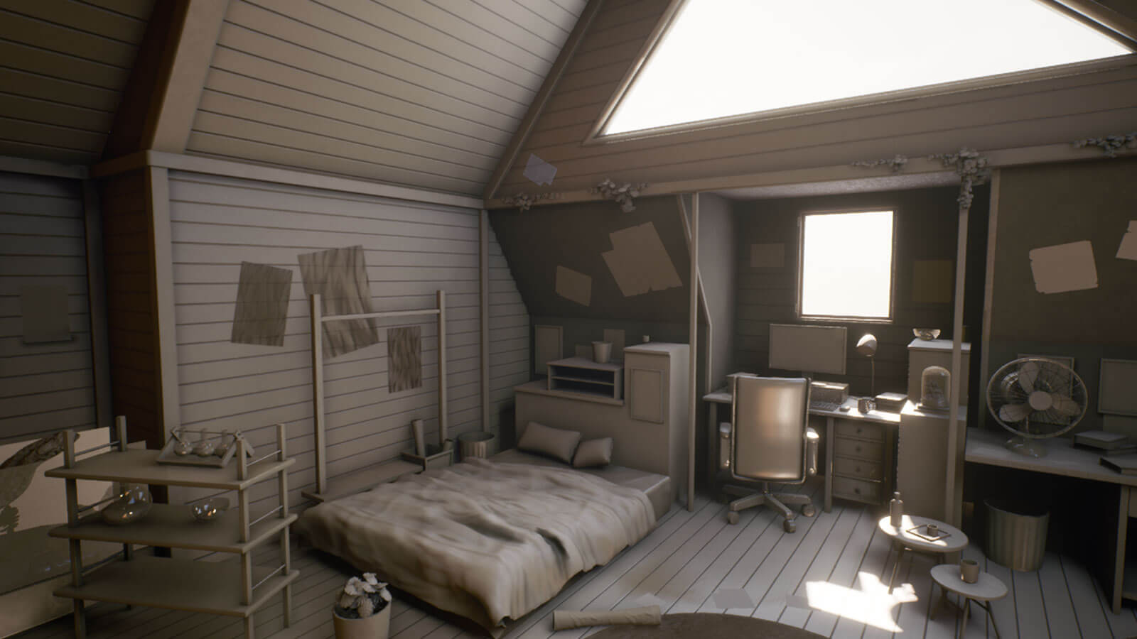 Alternative view of the room with simple lighting and greyscale 3D objects