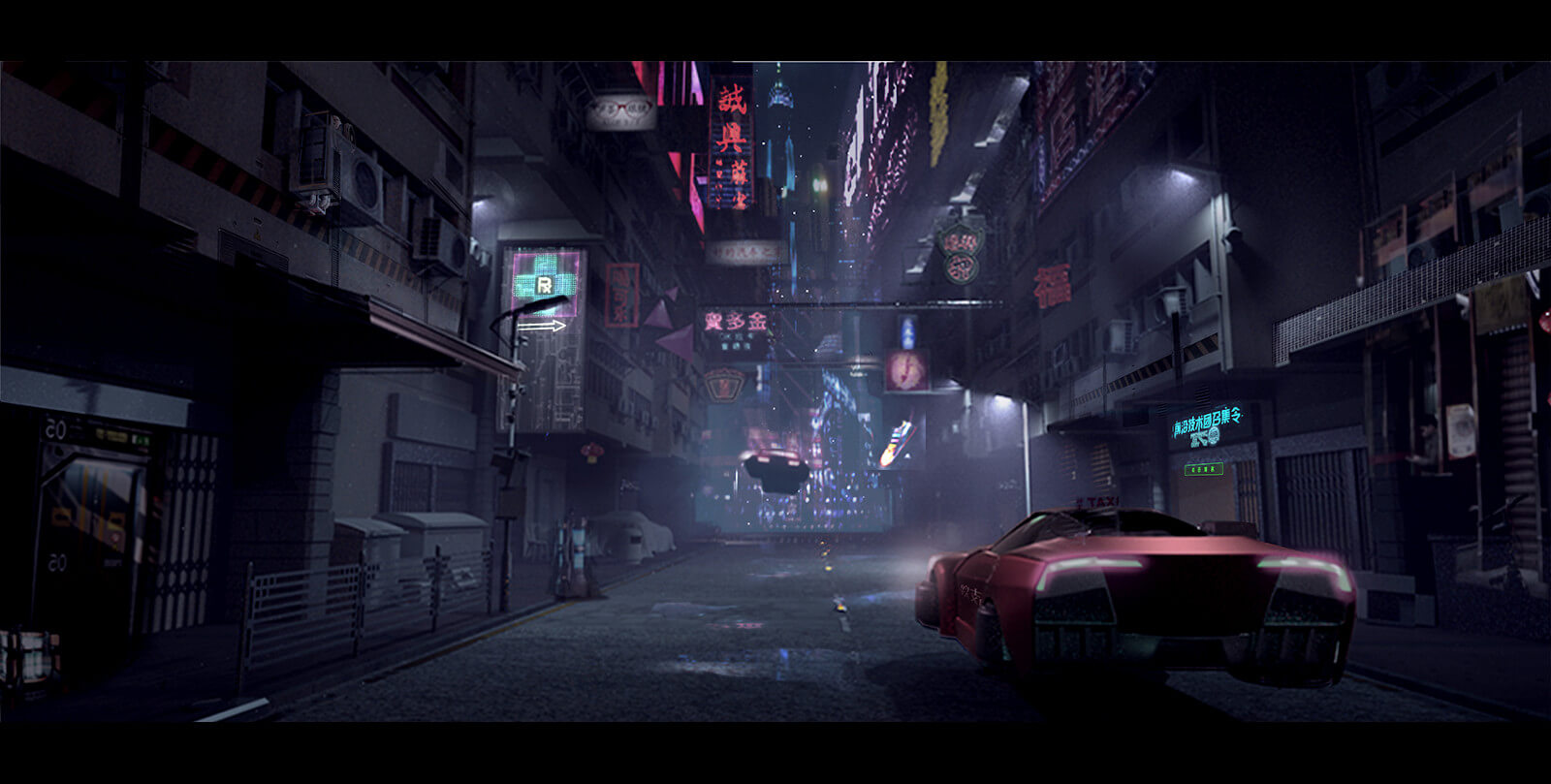 Concept art - hovering cars on futuristic city street