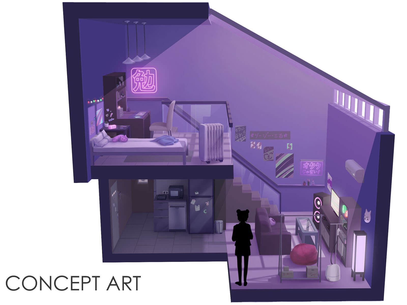 Concept art of sample floorplan for a small apartment.