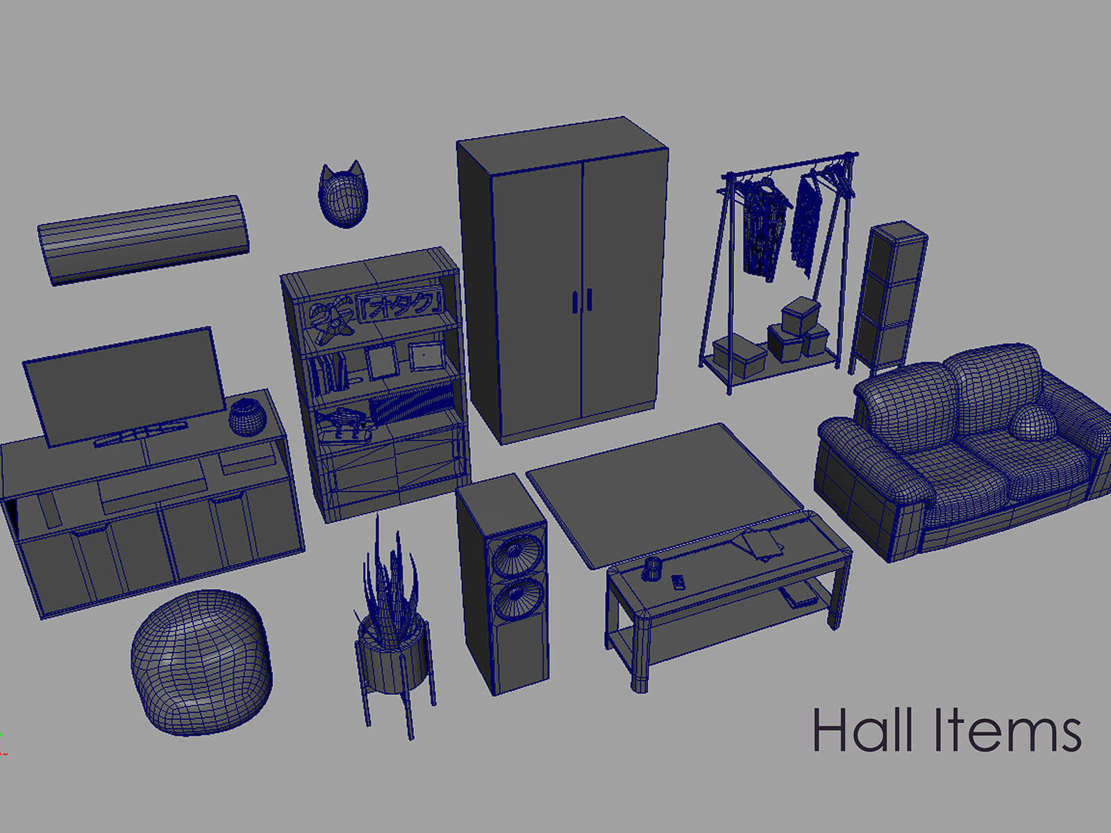 Collection of untextured 3D objects used in the scene's hallway.