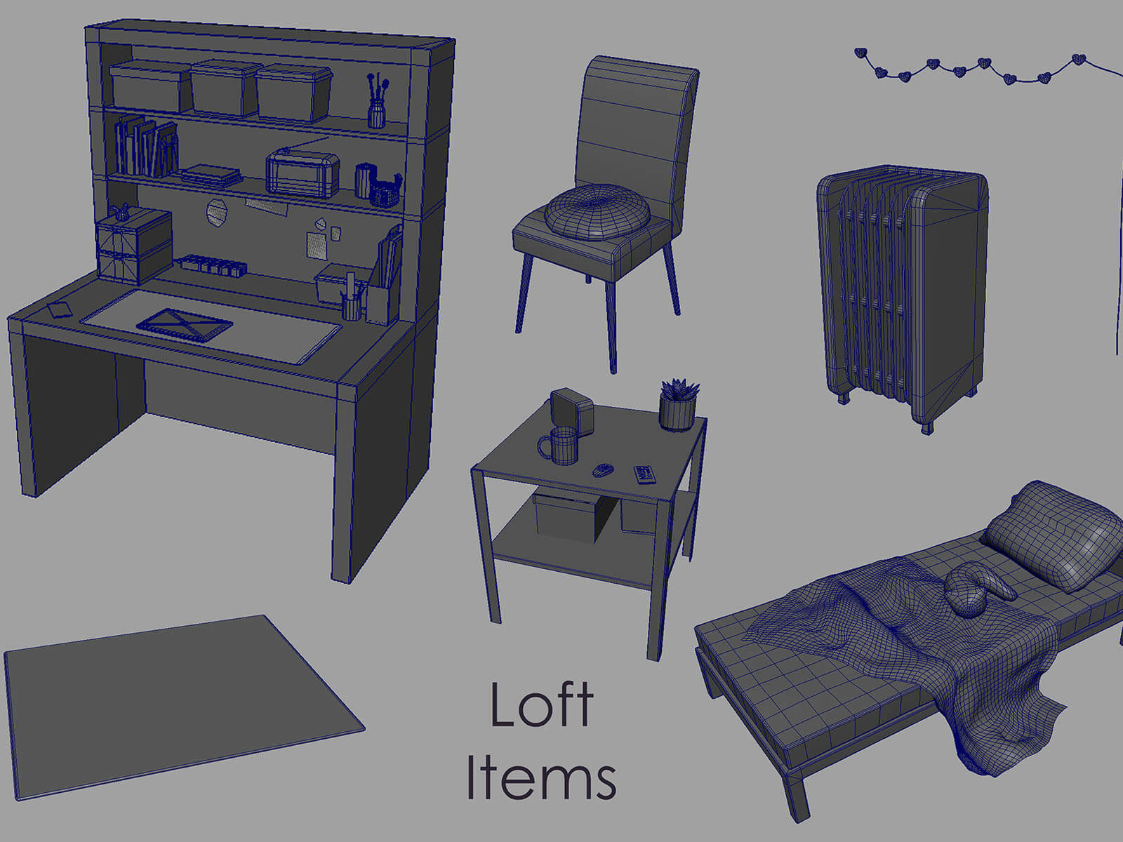 Collection of untextured 3D objects used in the scene's loft area.