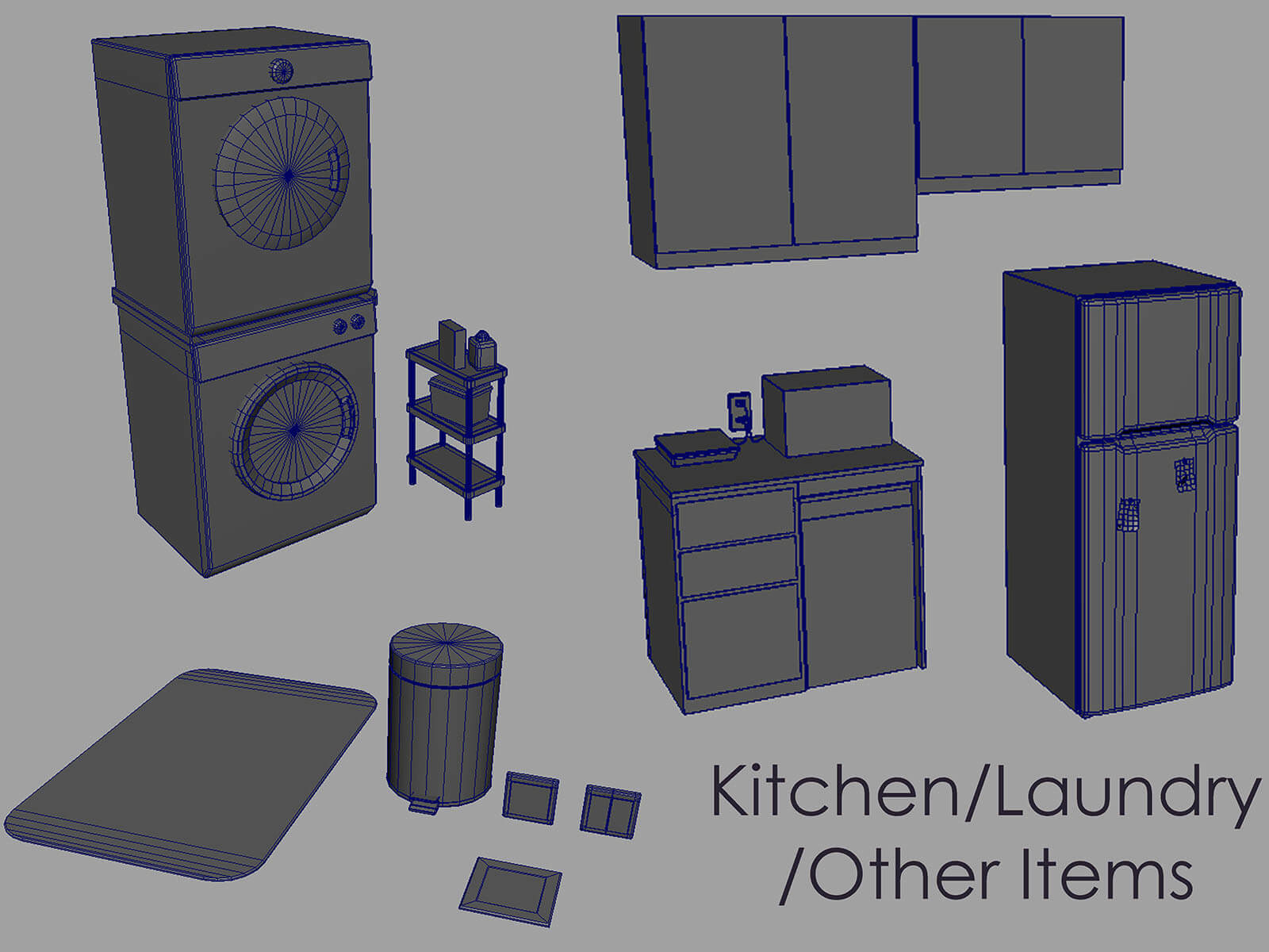 Collection of untextured 3D objects used in the scene's kitchen and laundry area.