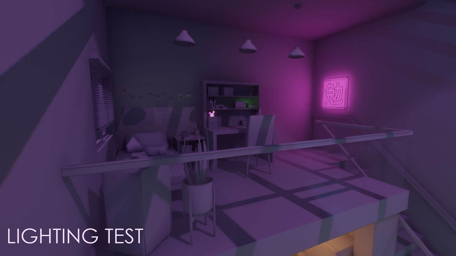 Render of loft area with just pink lighting.