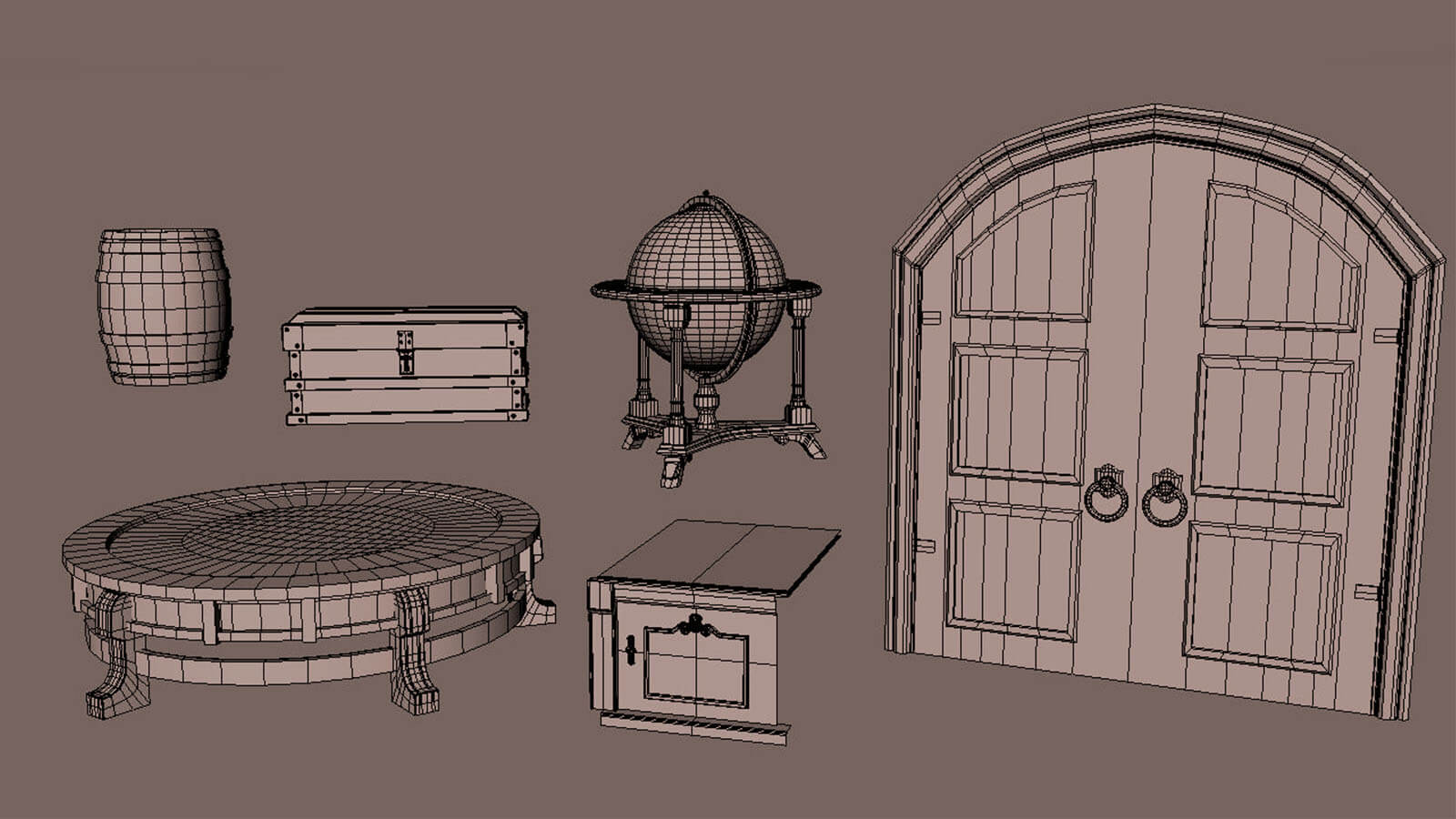 Untextured background objects used in the pirate chamber scene
