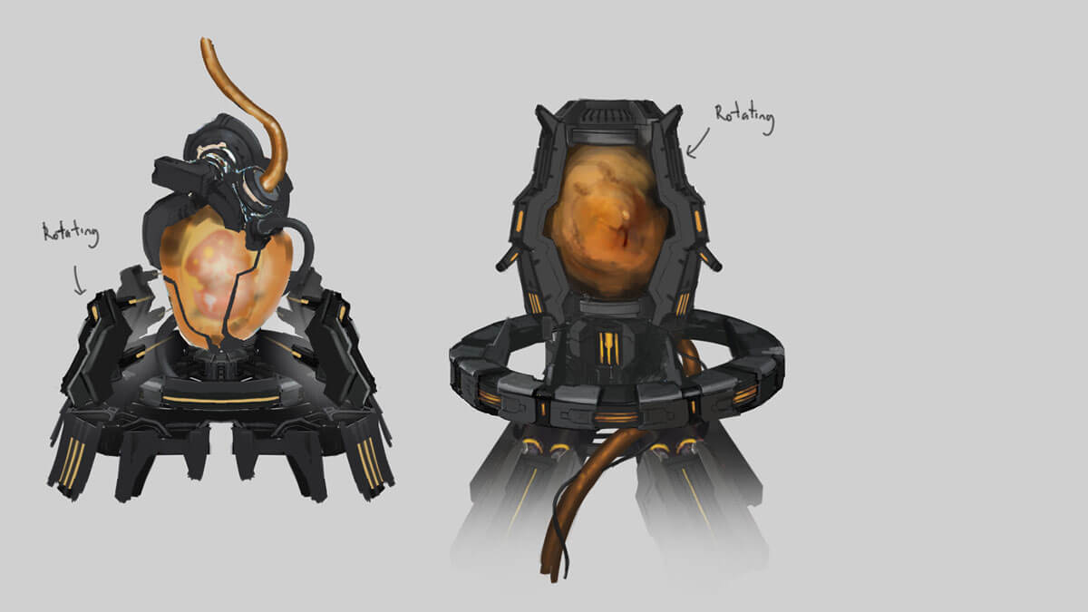 Concept sketches of an alien egg in an incubator