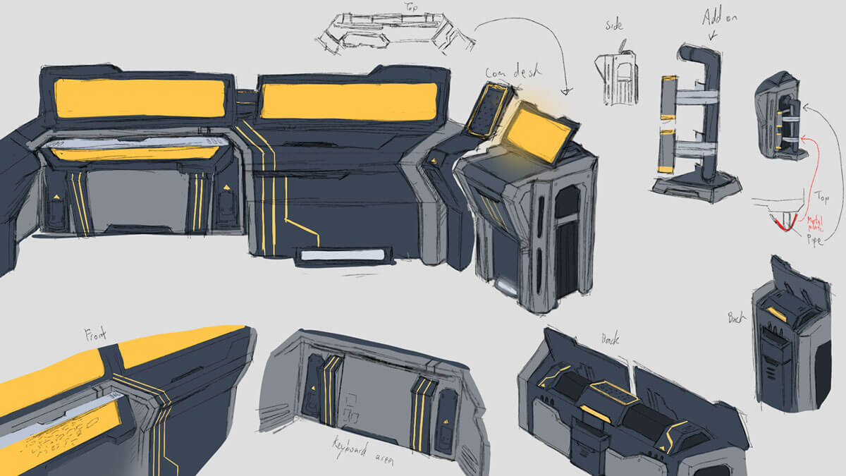 Concept sketches of futuristic laboratory workstations