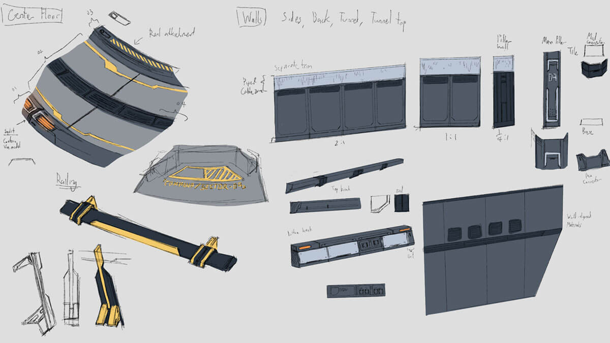 Concept sketches of futuristic laboratory wall and floor panels