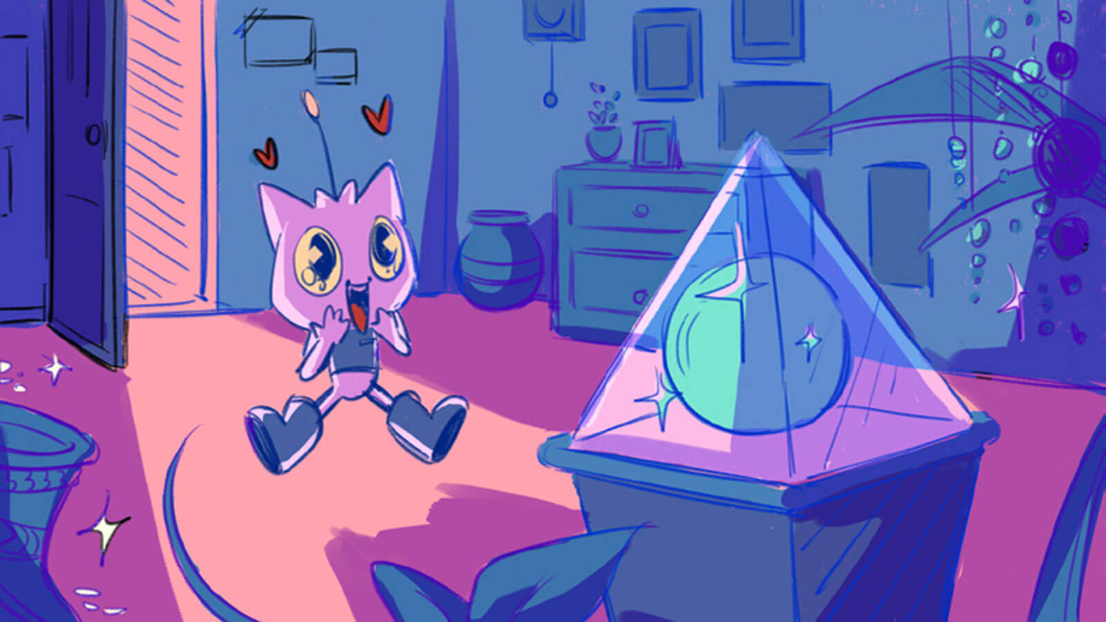 Concept drawing of an alien excitedly encountering a orb in a triangle glass case