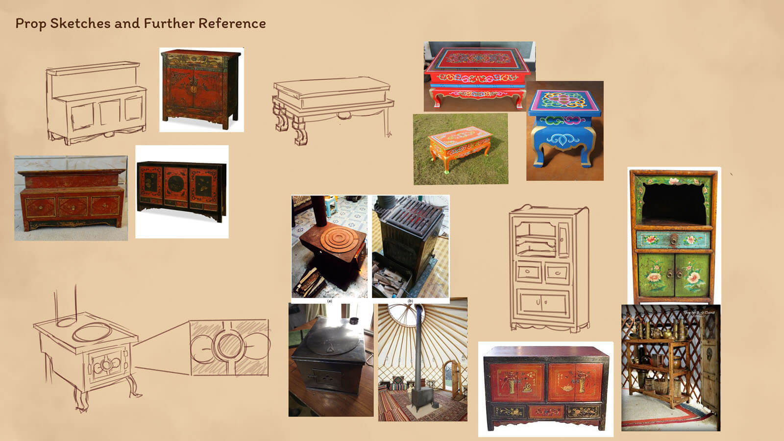 A collection of various brightly colored furniture and armoires