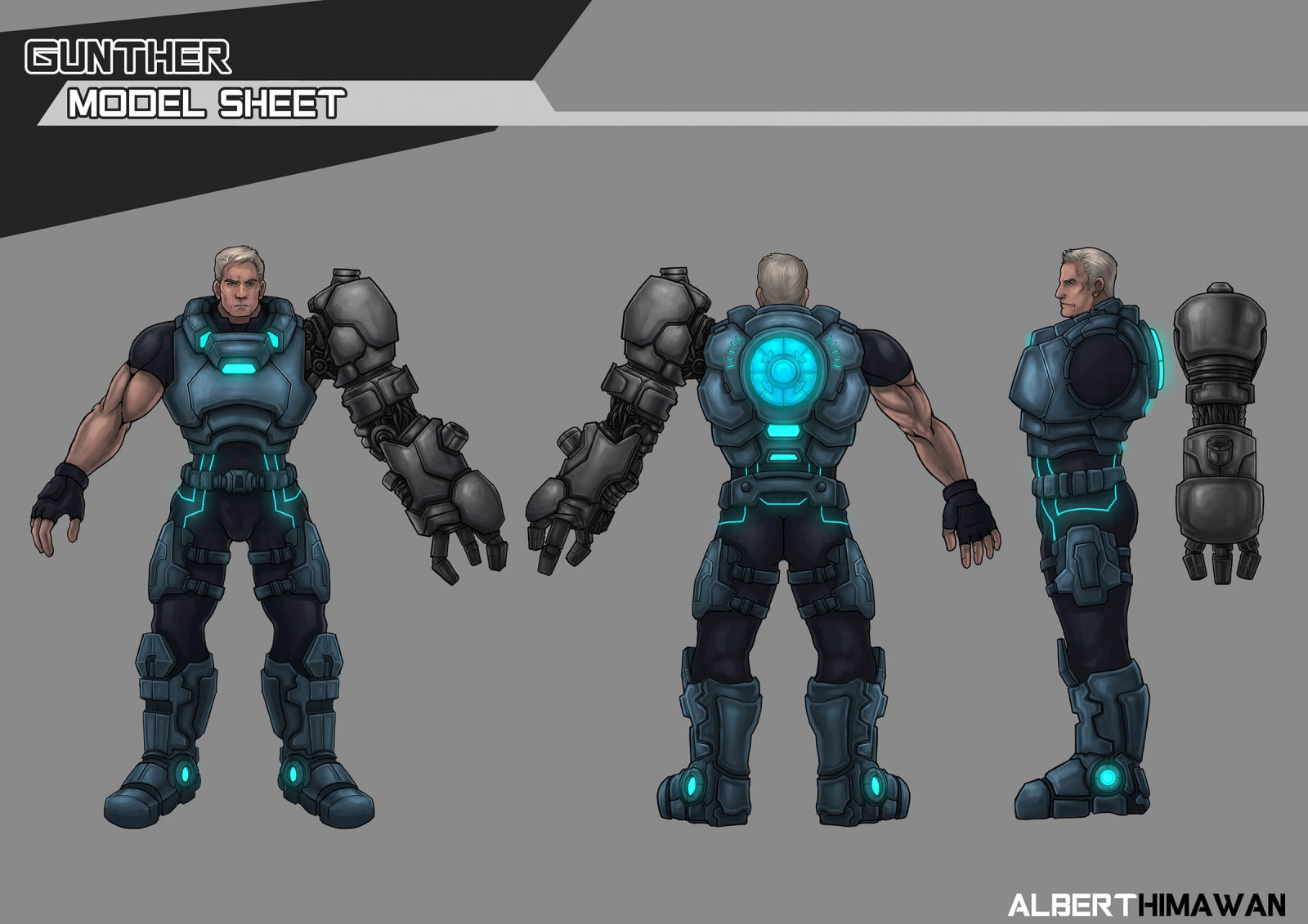 Turnaround character model sheet of a man in a futuristic, blue-metal suit with a bulky robotic left arm attachment.