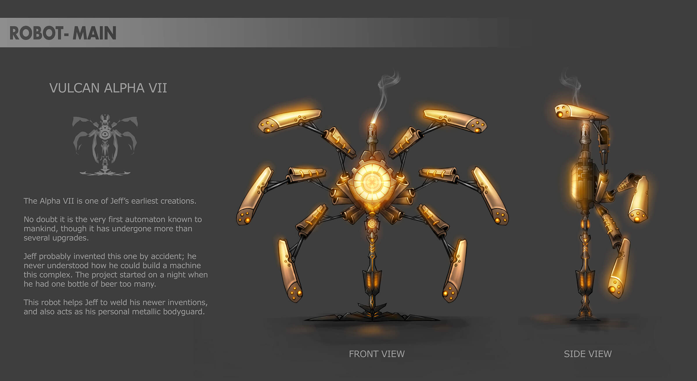 Concept art of a multi-legged golden robot resembling an upright spider, along with name "Vulcan Alpha VII" and description.