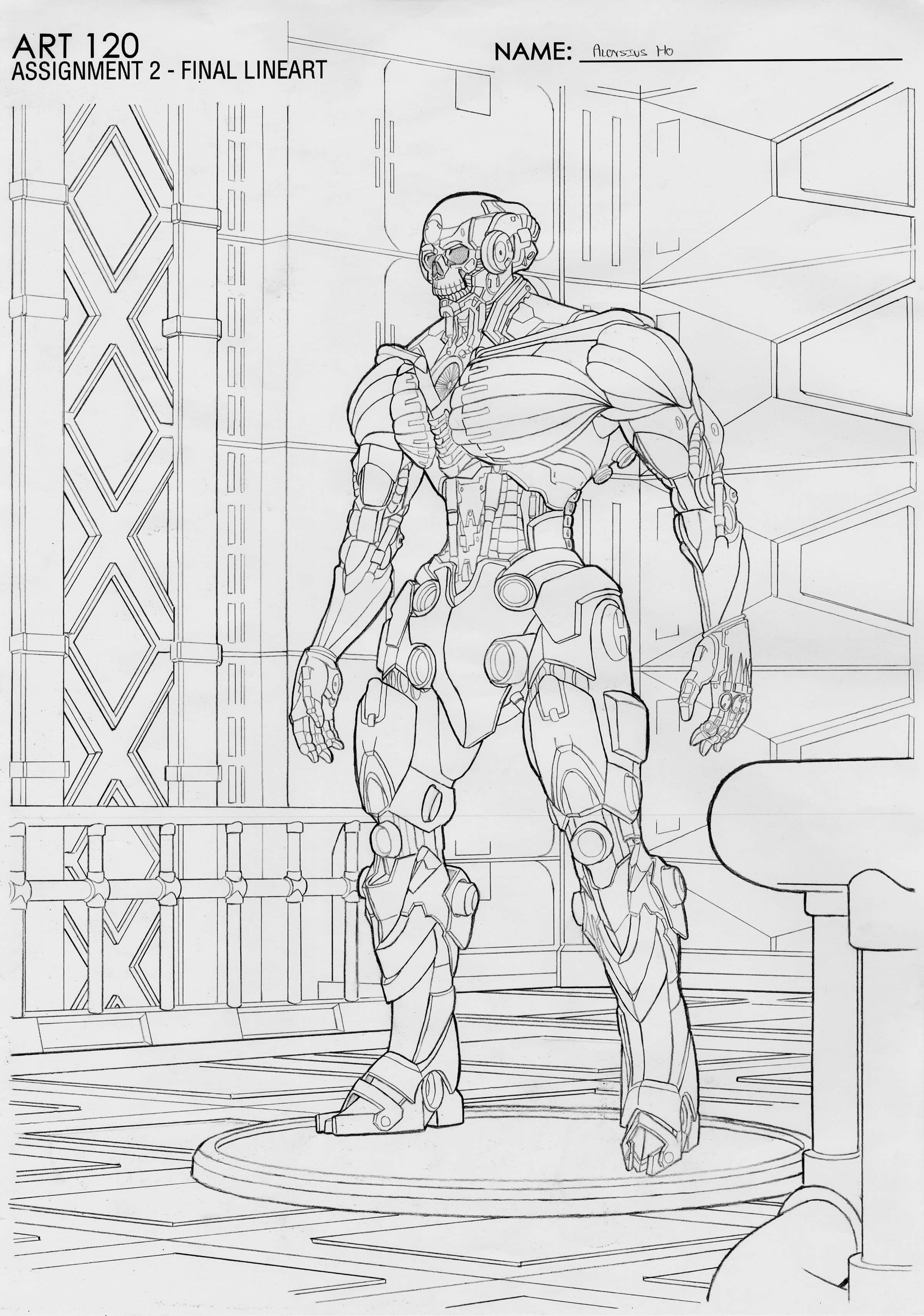 Black-and-white sketch of a standing robot with an exposed human-like skull.