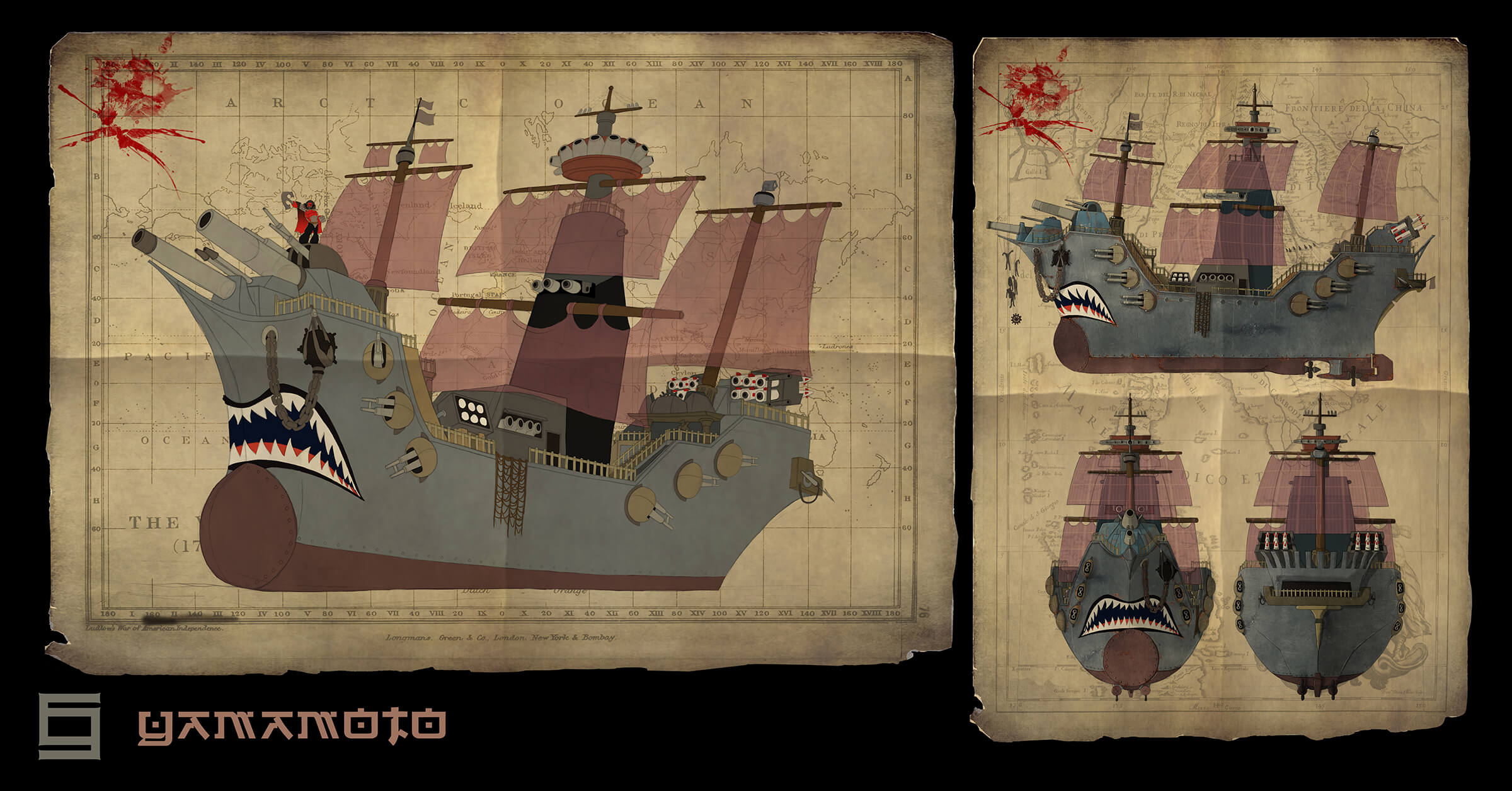 Concept art turnaround of a stylized battleship wielding modern guns and armor, with sails and hull of an older-style vessel.
