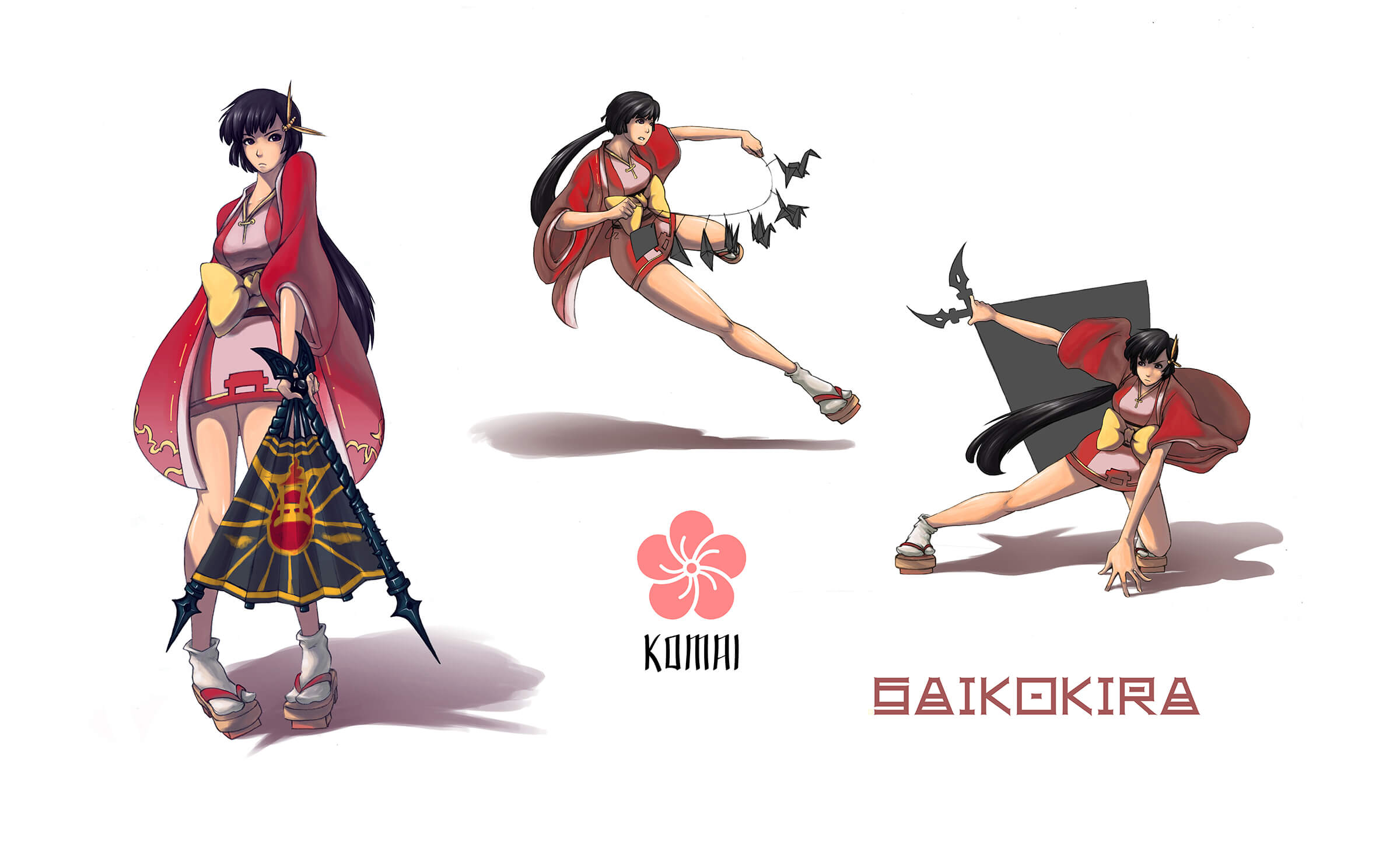 Concept art of a warrior named Komai in red traditional Japanese wear in various poses including a black war fan.