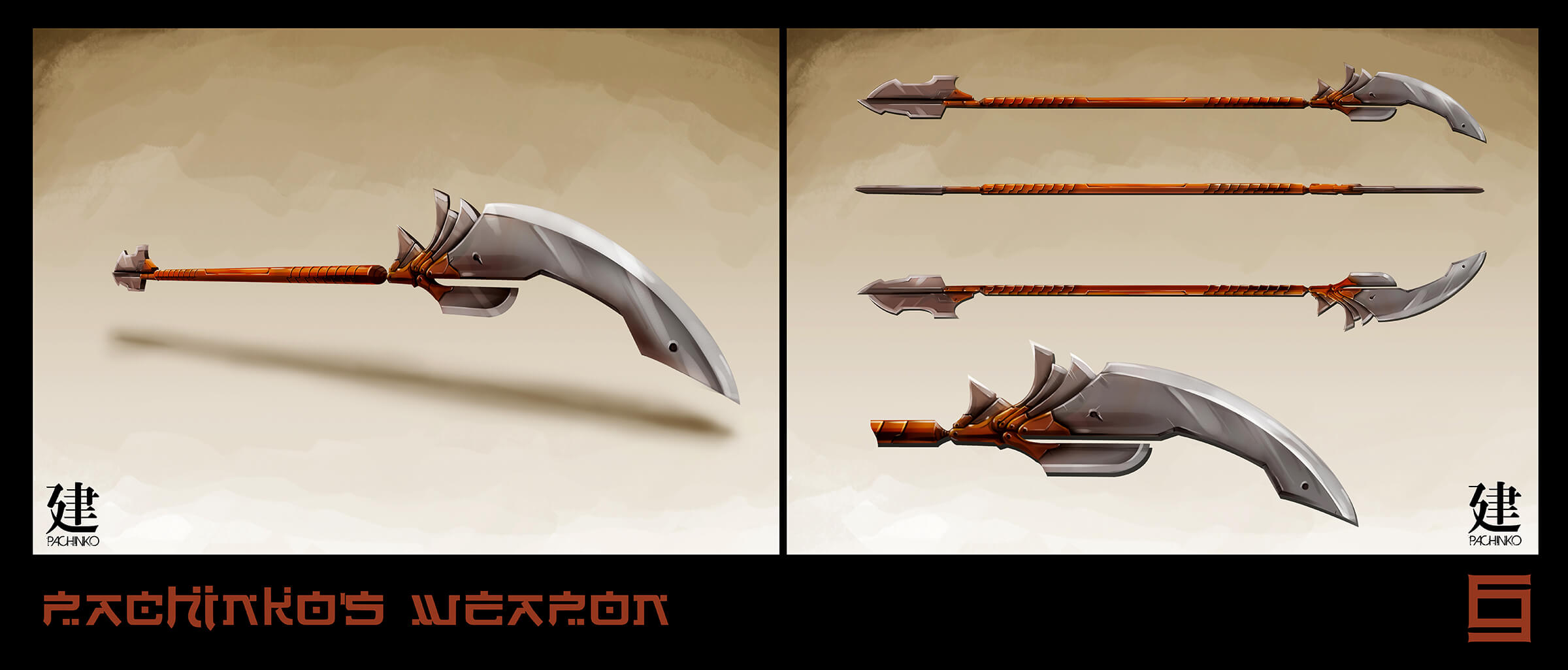 Concept art of a long weapon, bladed at both ends of its orange shaft, seen from different angles