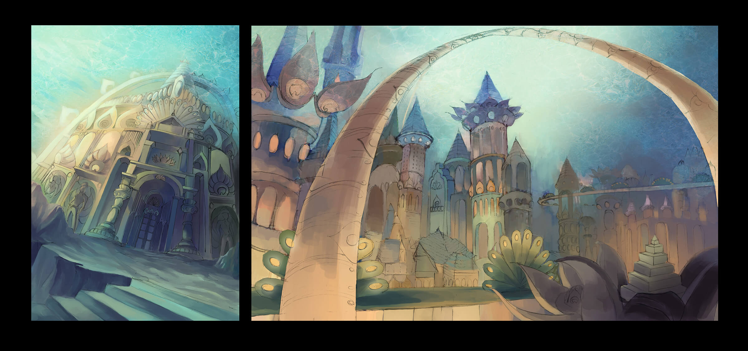 Two views of an underwater city colored in muted pastel tones, full of towers, arches, and massive, ornate buildings.