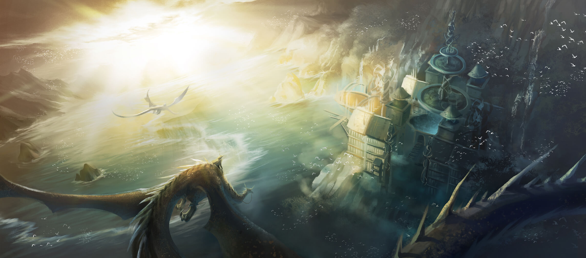 Dragons and their riders fly above a mystical castle on a rocky shore. A diffuse sun lights the scene from a distance.