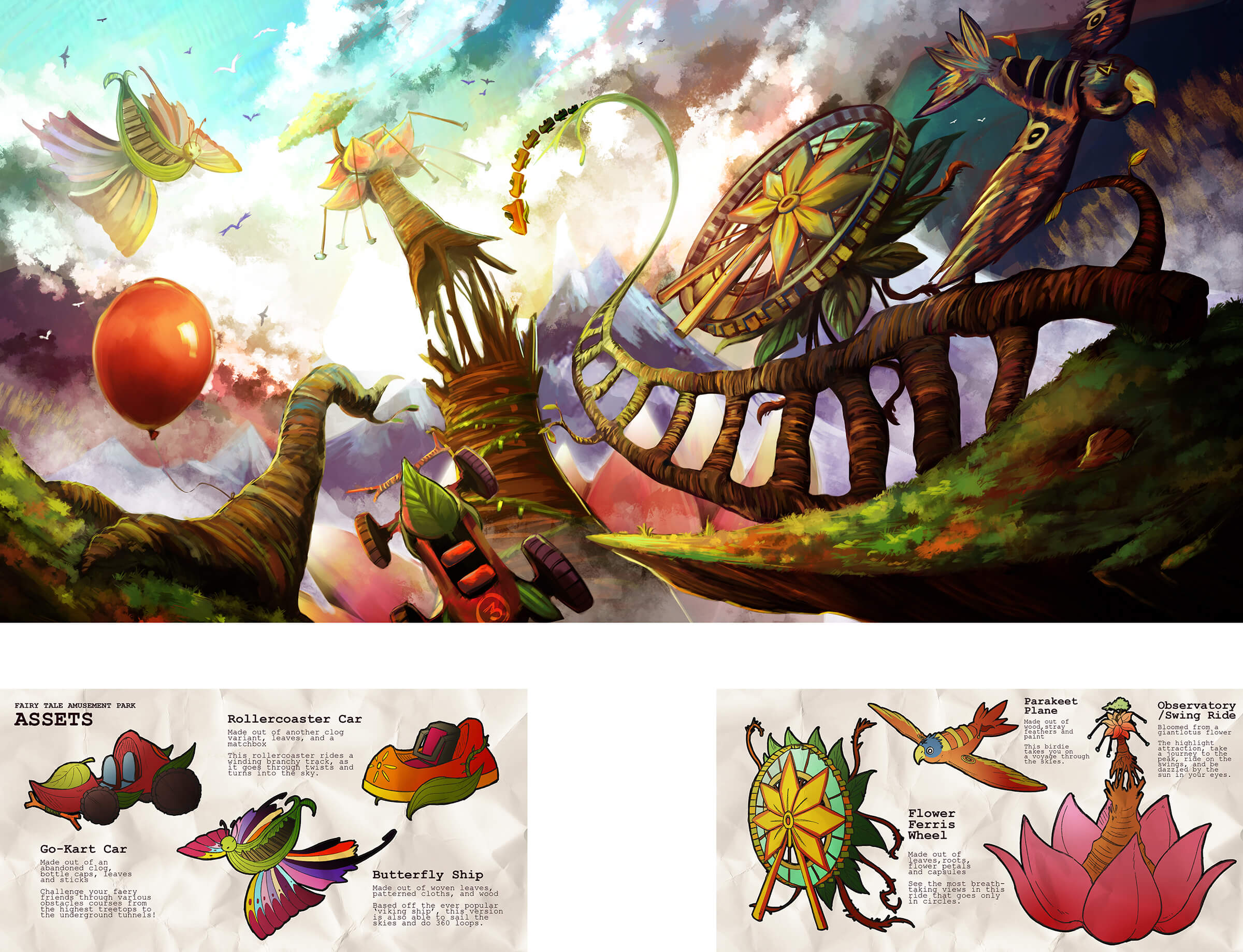 Colorful concept art for the rides in an organic theme park with attractions seemingly built out of living plants and animals