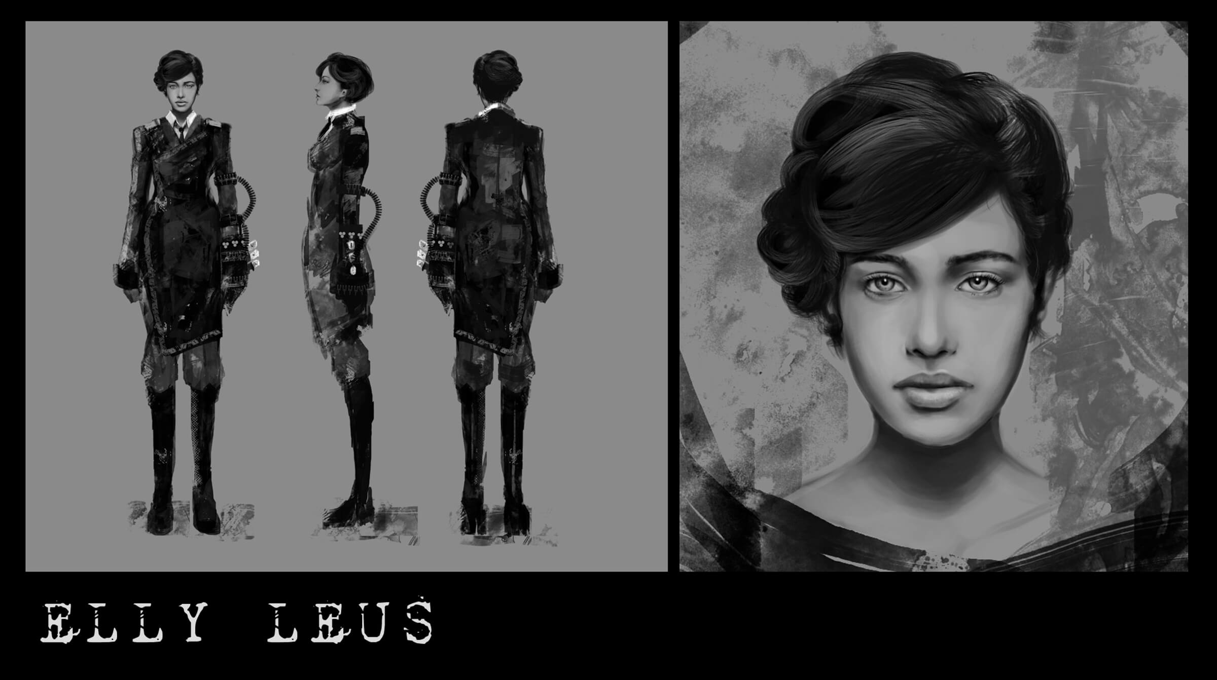 Character sketch and portrait of Elly Leus, a woman with a mid-century hairstyle and wielding a cyberpunk arm attachment.