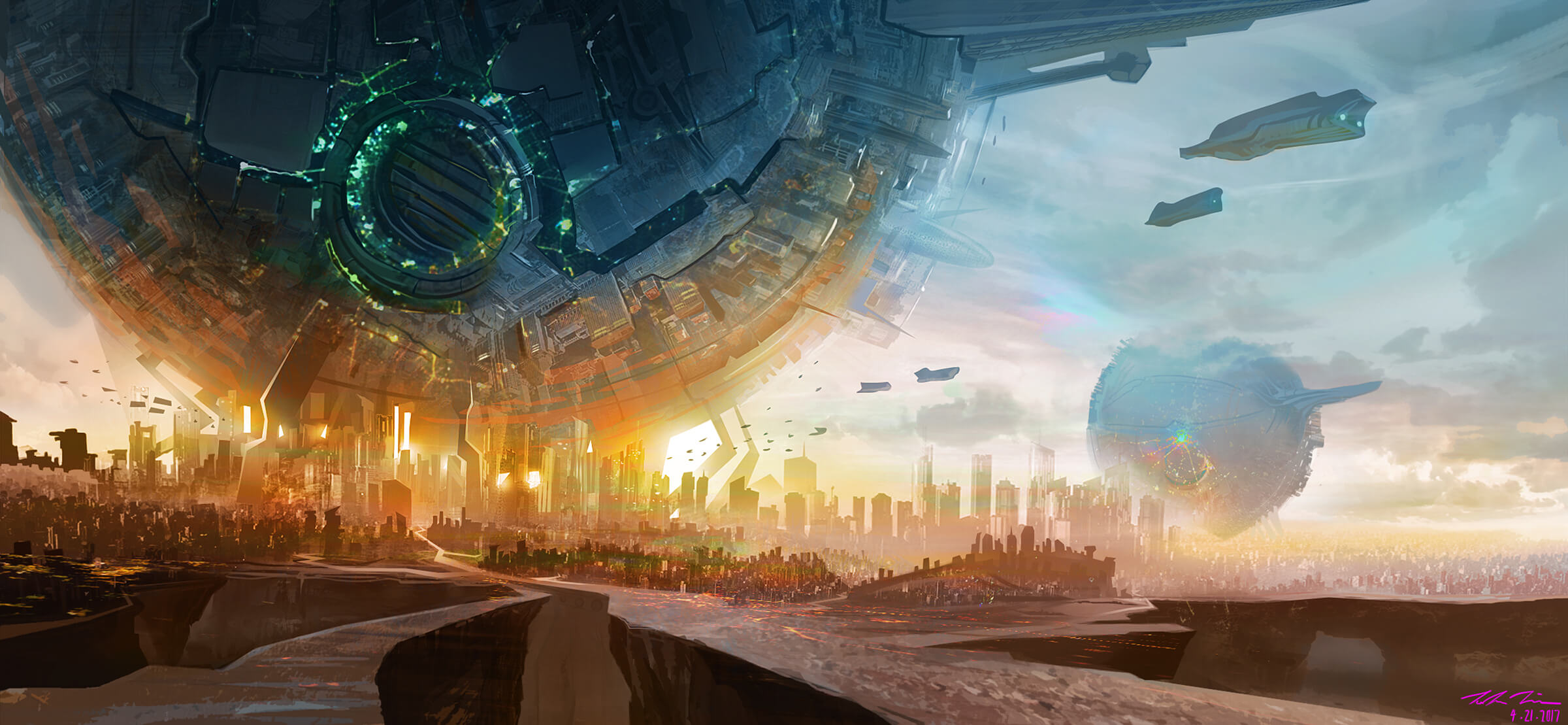 Gigantic metal sphere structures tower over futuristic cities as air/space-ships fly through the sky.
