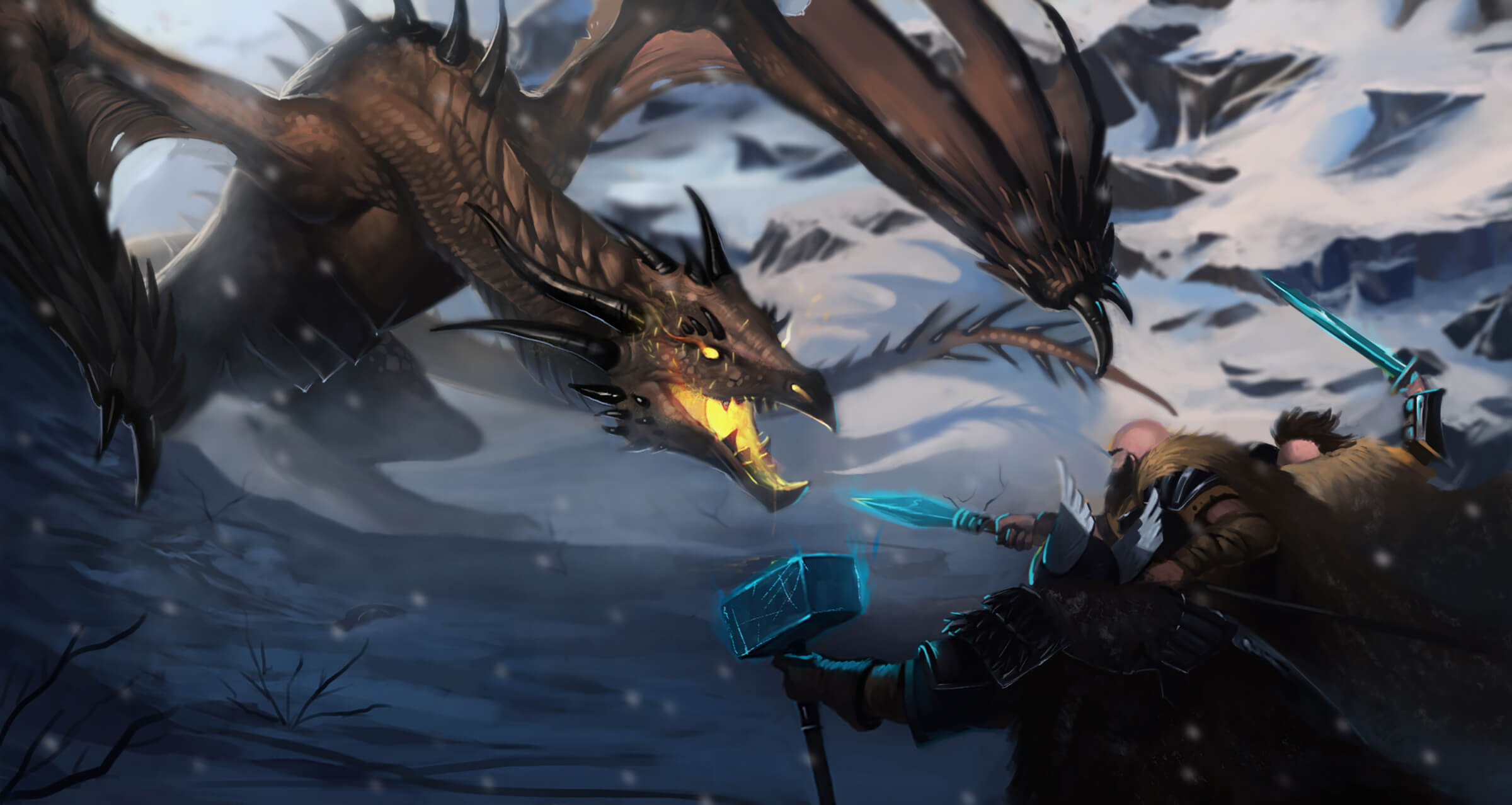 Sword-, spear-, and hammer-wielding warriors confront a large, brown dragon in a snowy environment.