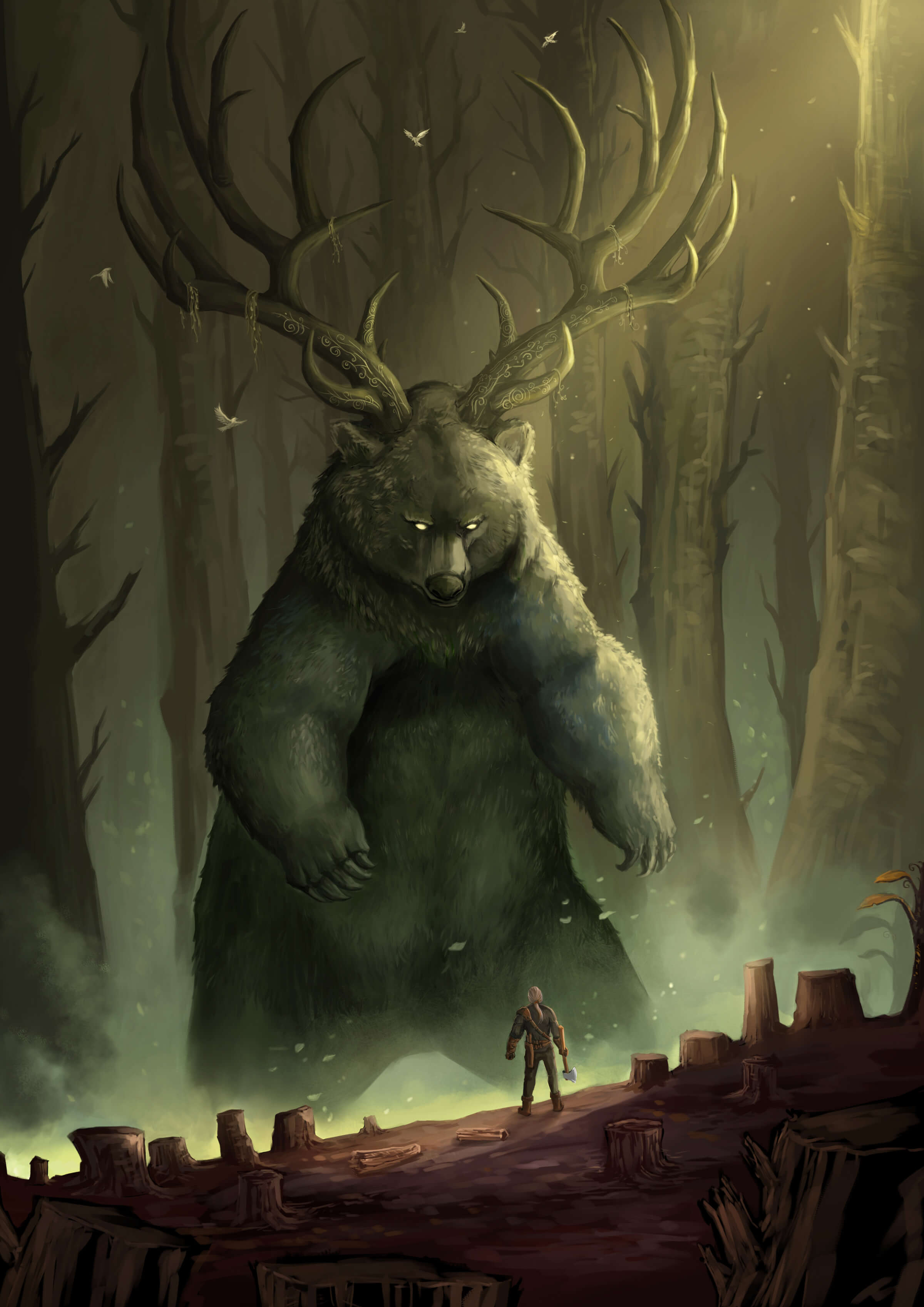 A man with an ax surrounded by tree stumps stands before an enormous upright bear with massive antlers in a dimly lit glade.