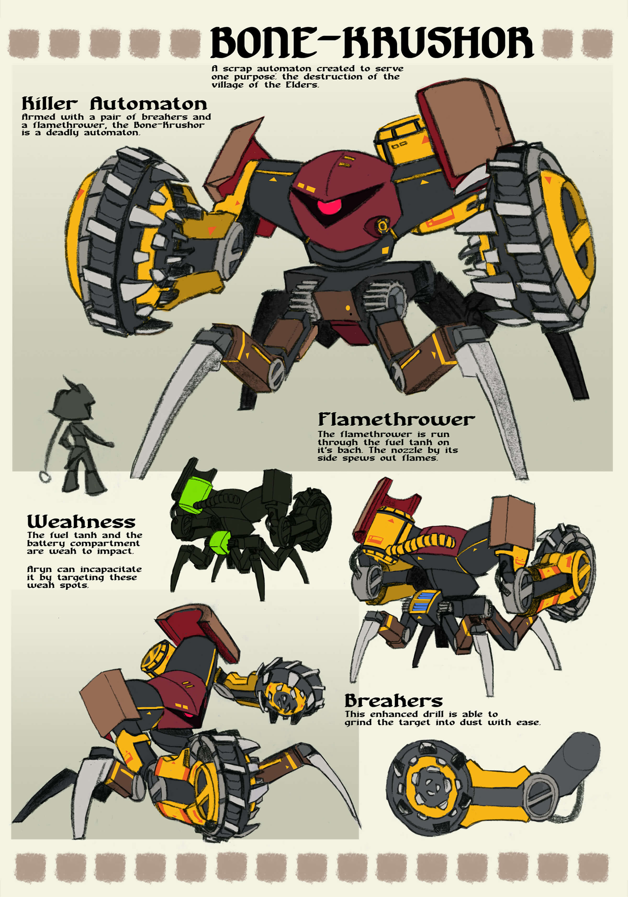 Concept art and details of a large quadrupedal robot with a single red eye and grinding wheel-like fists.