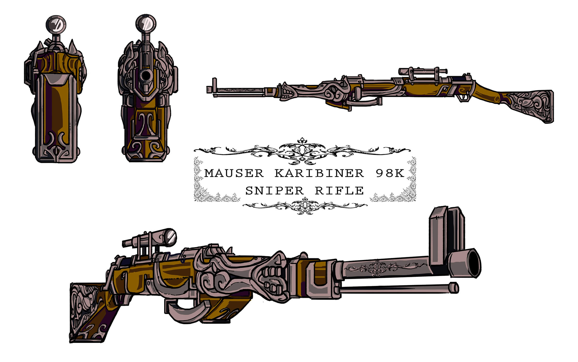 Ornate Mauser sniper rifle decorated with intricate metal flourishes, seen from several angles.