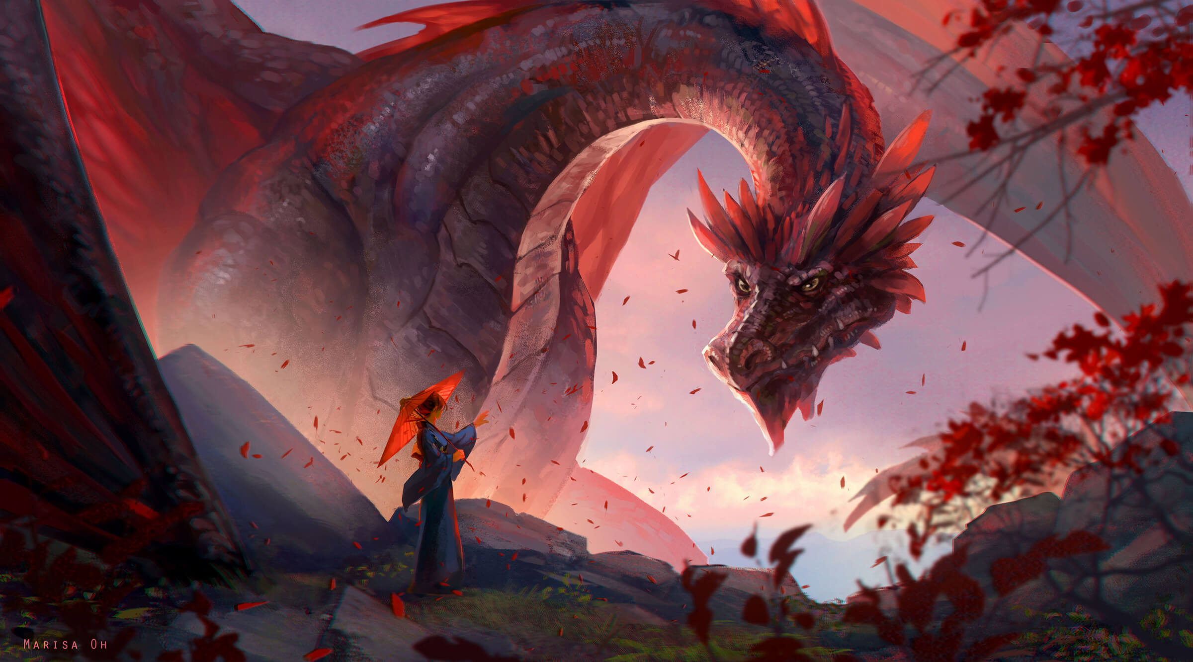 A woman holding a red paper umbrella greets a hulking red dragon at rest, its head craning to glower at her.