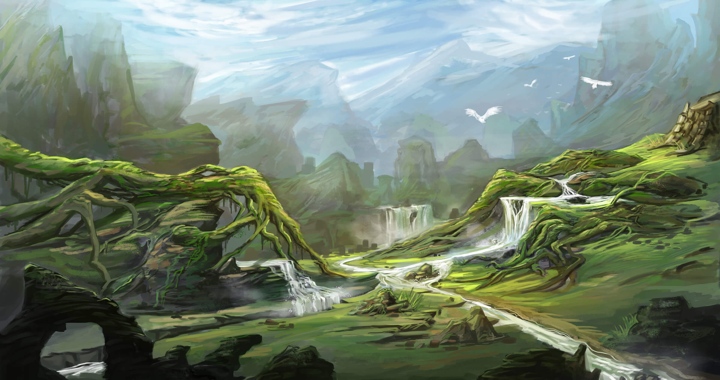 A river valley crisscrossed by shallow waterfalls and branched over by moss-covered roots from some enormous, unseen tree.