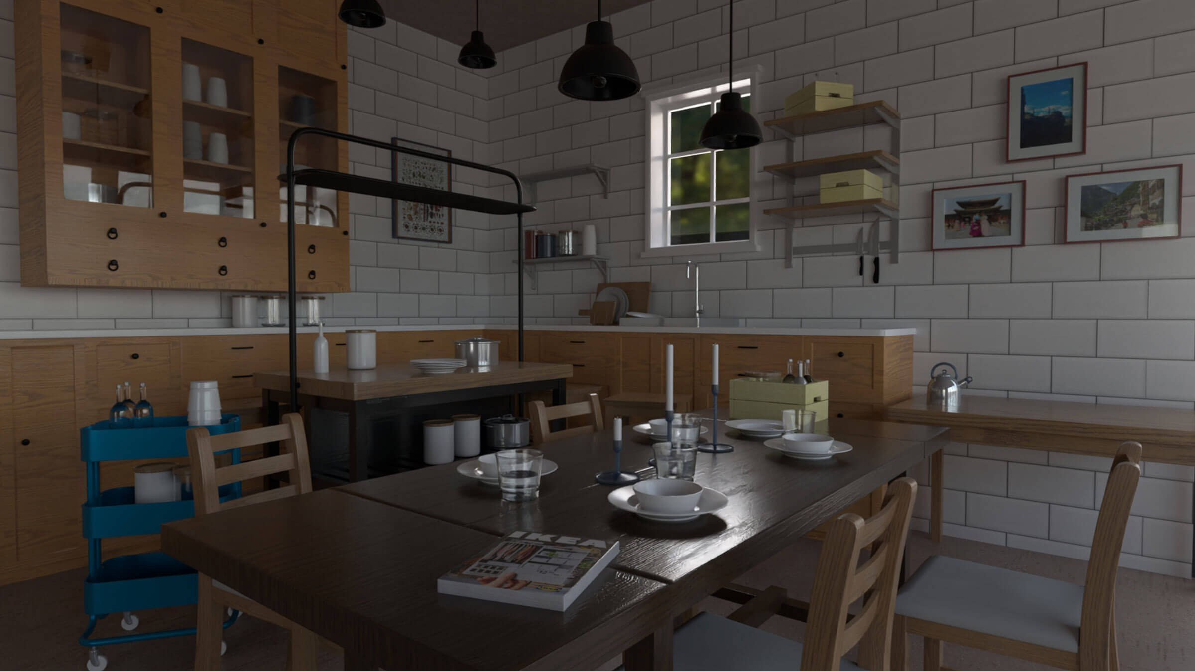 3D-modeled scene of a corner of a kitchen with a dining area in the foreground.