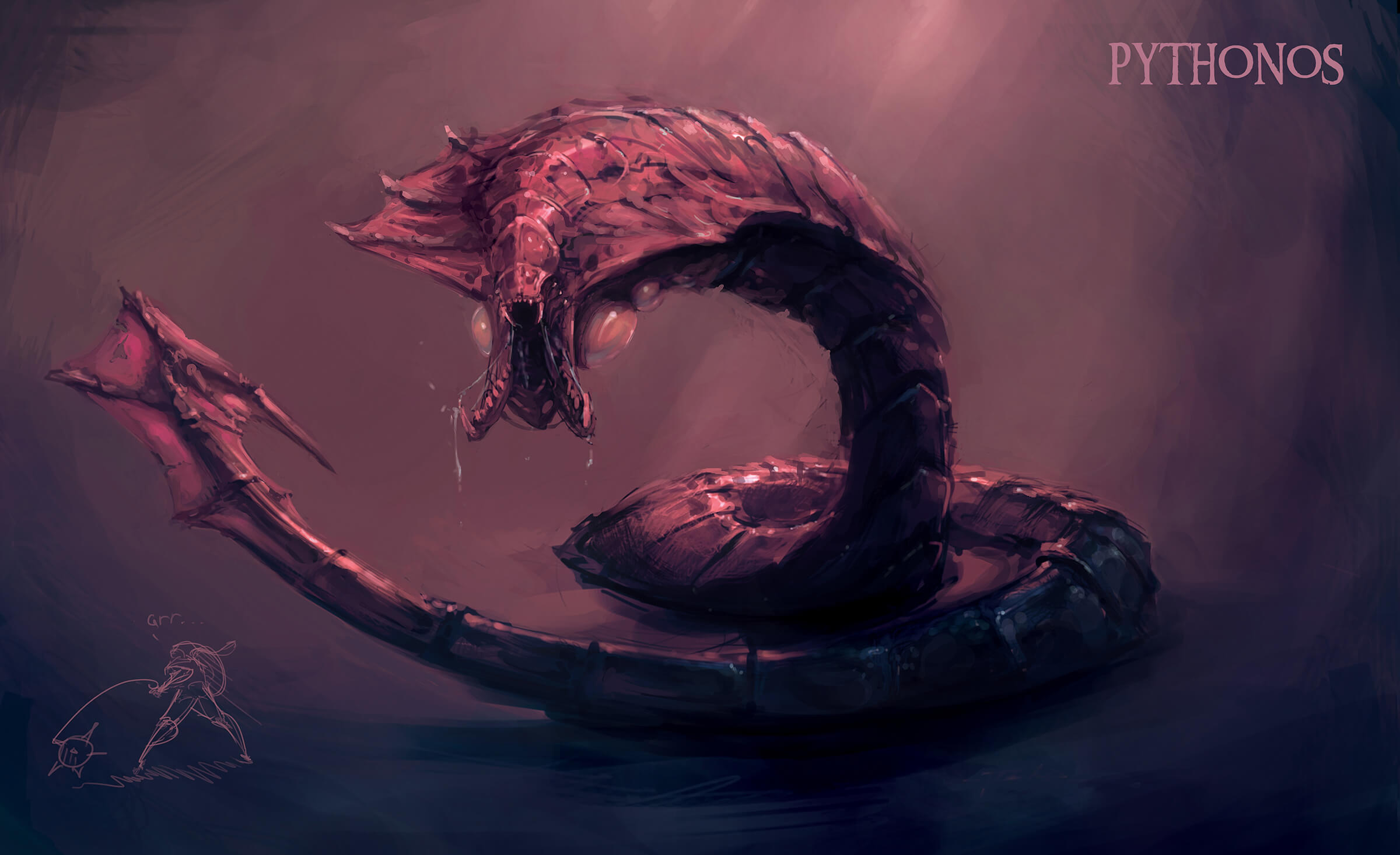 A segmented worm-like monster ending in a sharp barb bares an open trap-jaw mouth filled with teeth under a dim, red light.