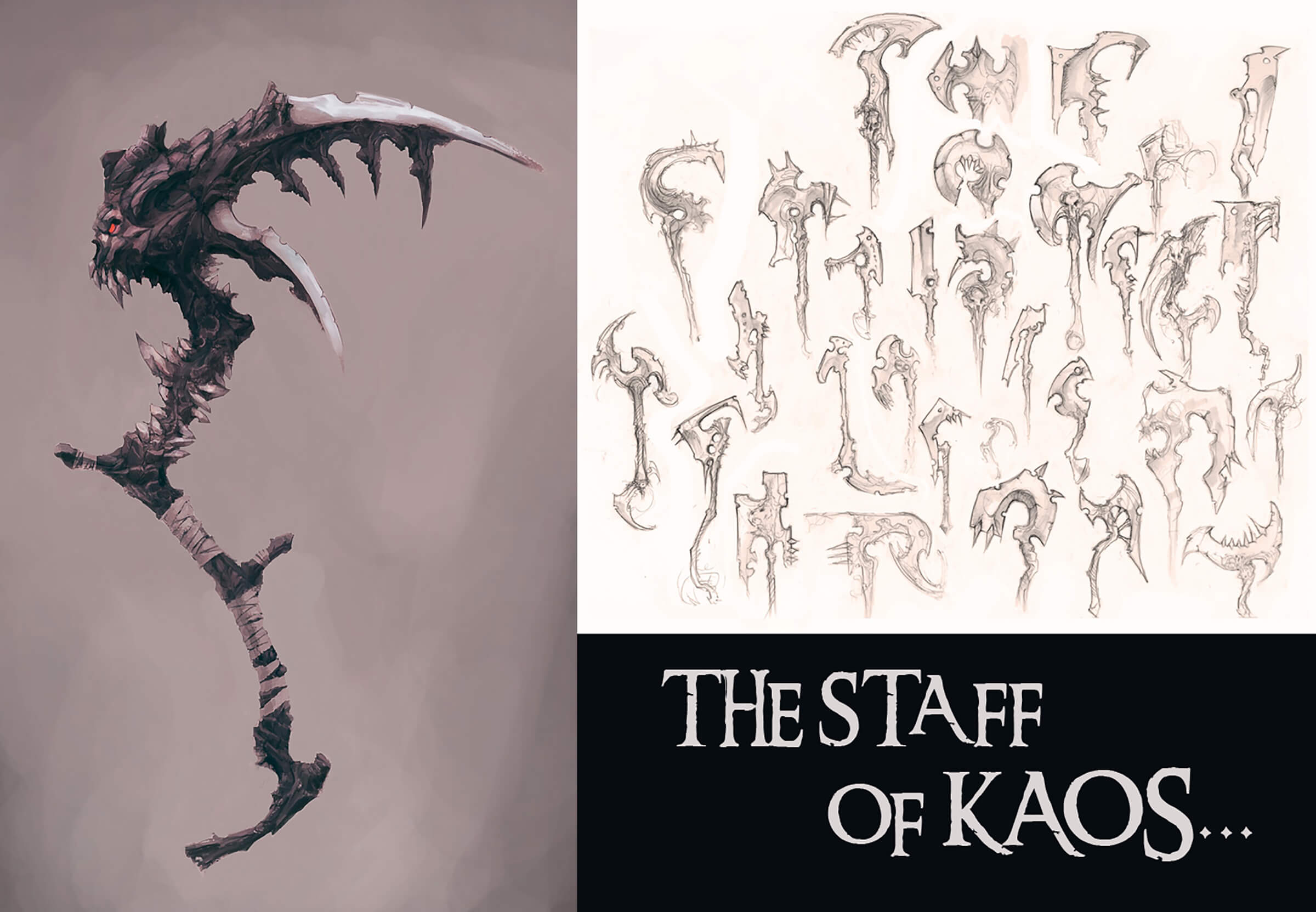 Development sketches of a menacing, gnarled double-bladed scythe fashioned with jagged face-like and skeletal protuberances.