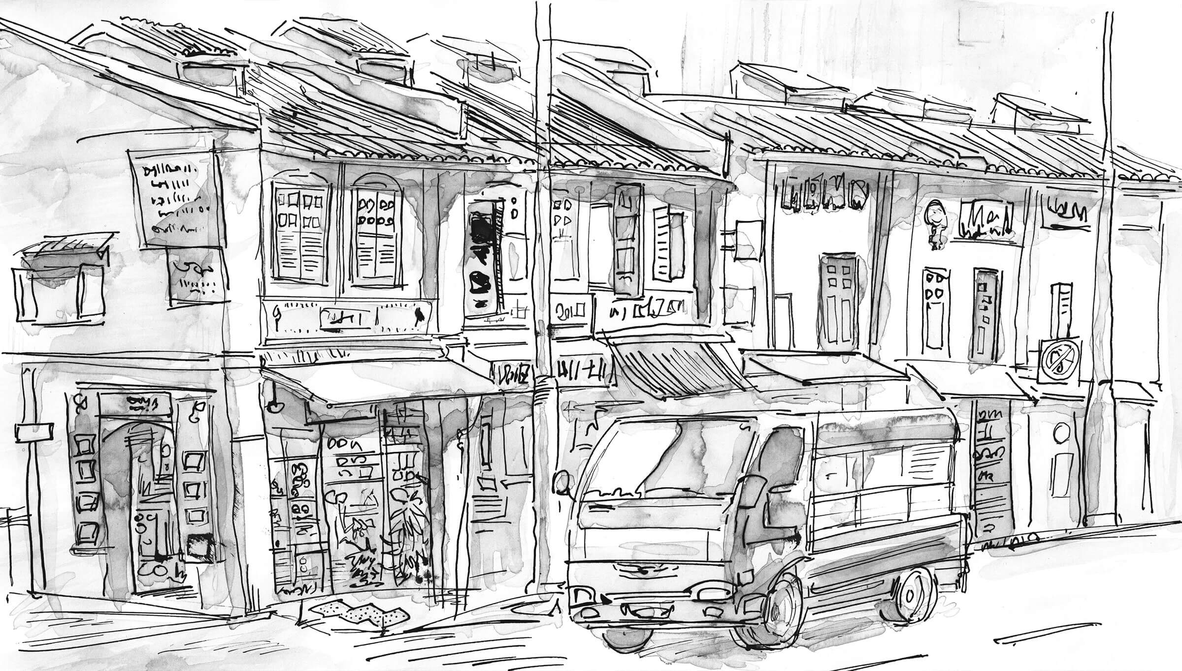 Black-and-white sketch of a van parked next to low-rise buildings.