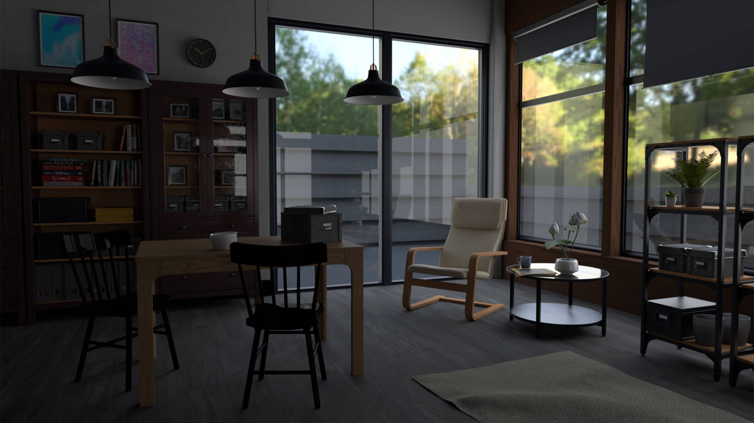 3D-modeled scene of a lounge looking out into a fenced yard.