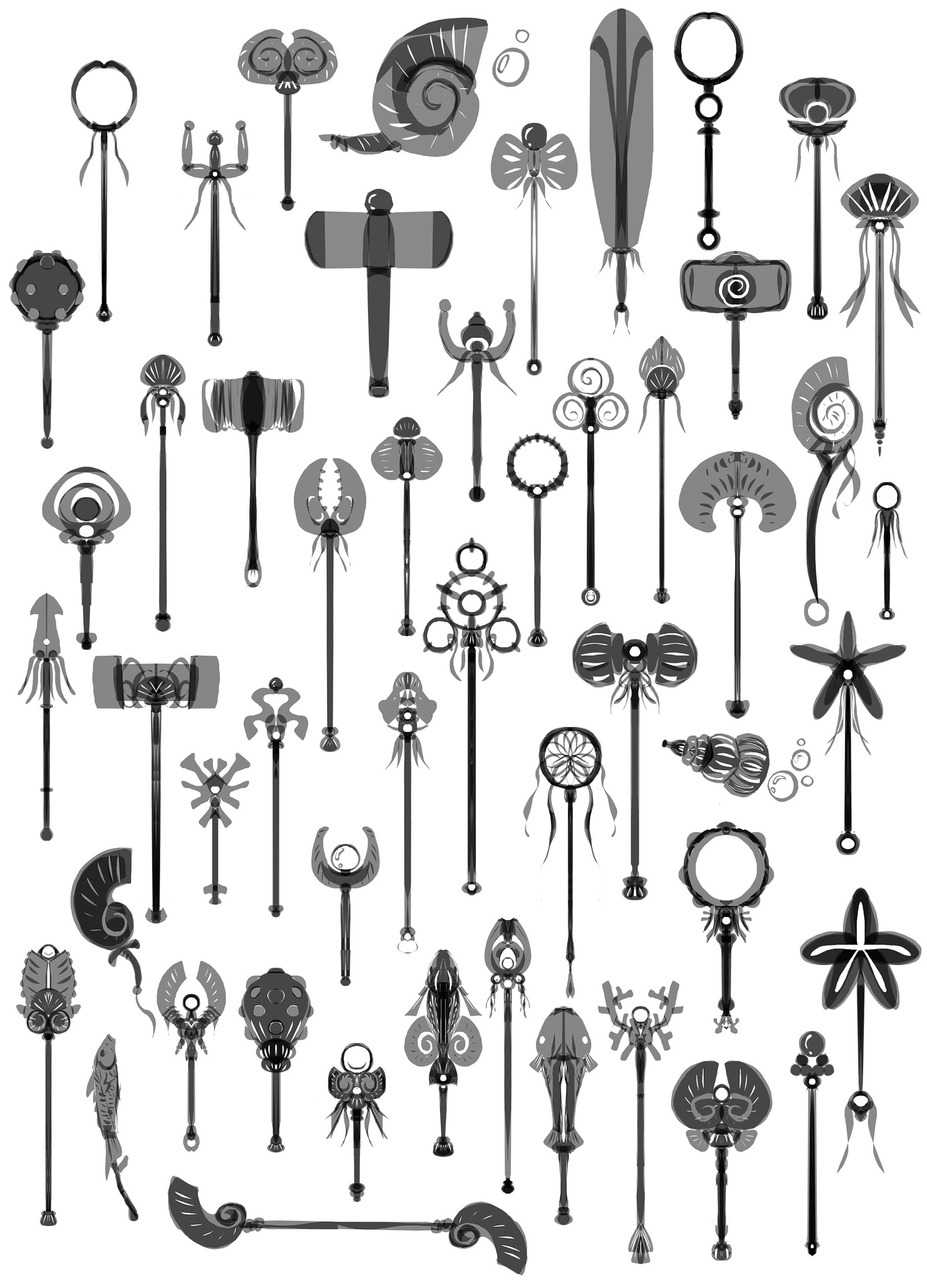 Black-and-white sketches of dozens of lengthy, ornate staves, war fans, warhammers, and khakkhara of various styles.