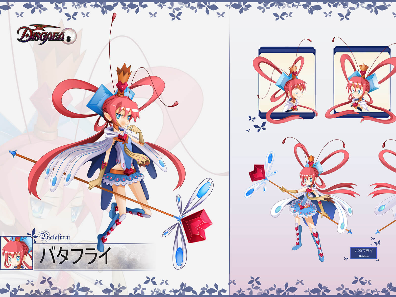 Triptych of a red-haired anime-style girl in blue-and-white fairy costume in different poses holding a heart-topped staff.