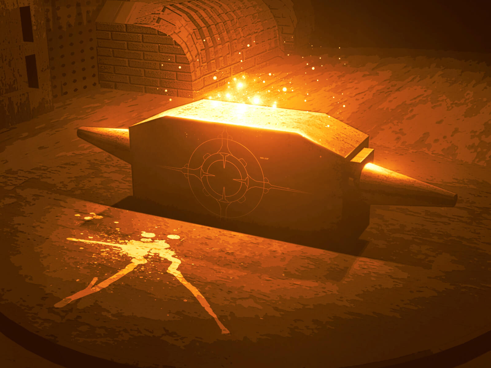 Digital painting of a scene in a dark chamber with a large anvil head at center atop a shallow pedestal, glowing from above.