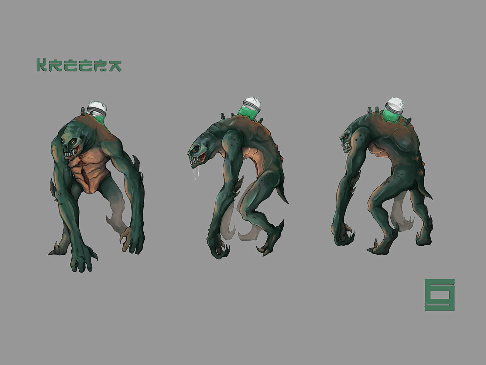 Concept art turnaround of a green lizard-like monster standing partly upright with a jar of green goo jutting from its back.